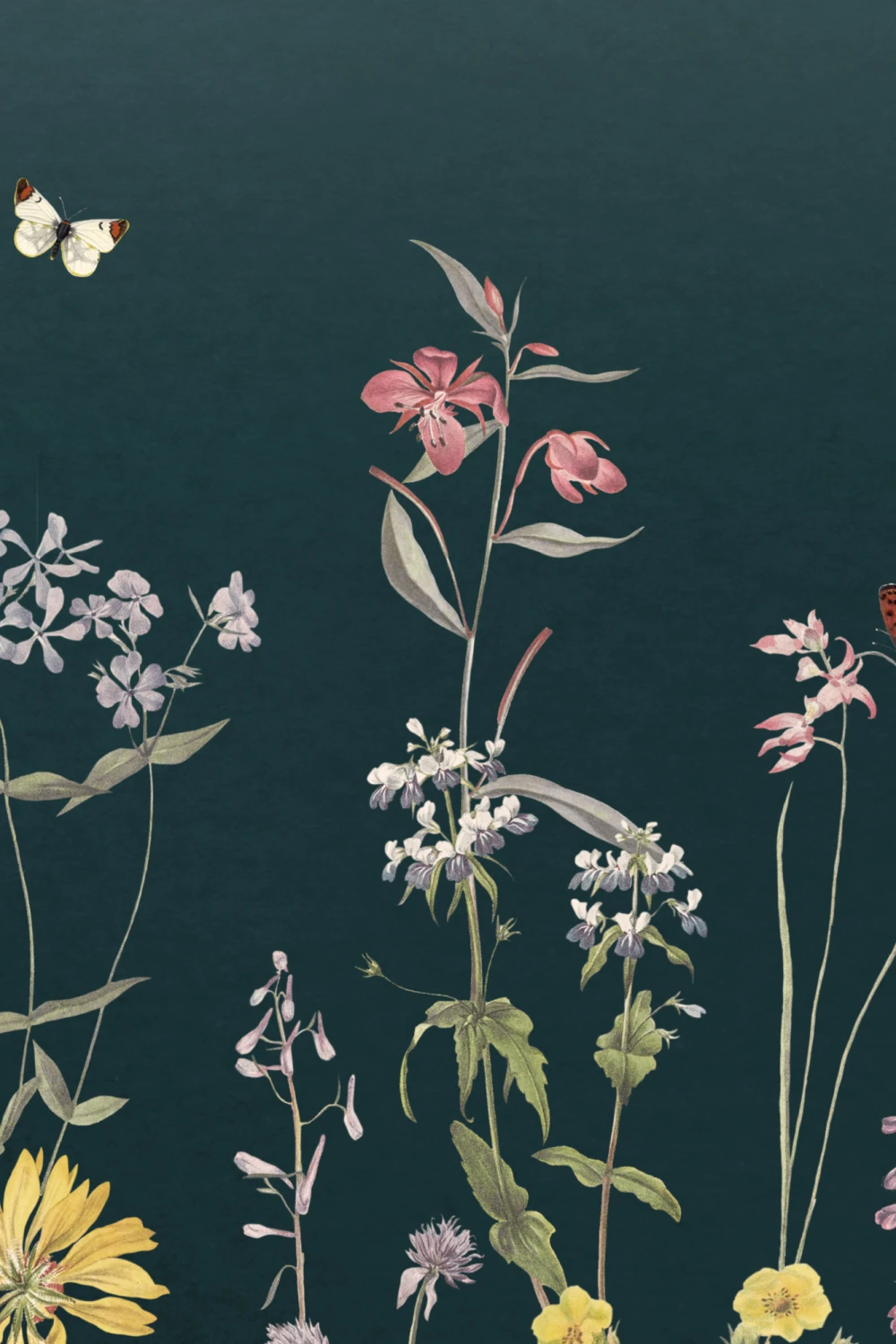 Papier peint bleu foncé ombré de fleurs sauvages et de papillons