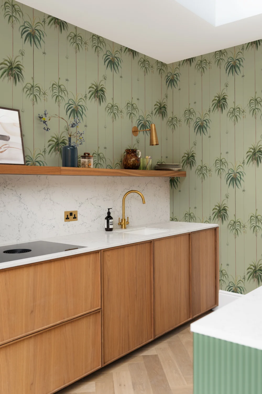 Sage Striped Tropical Palms Wallpaper