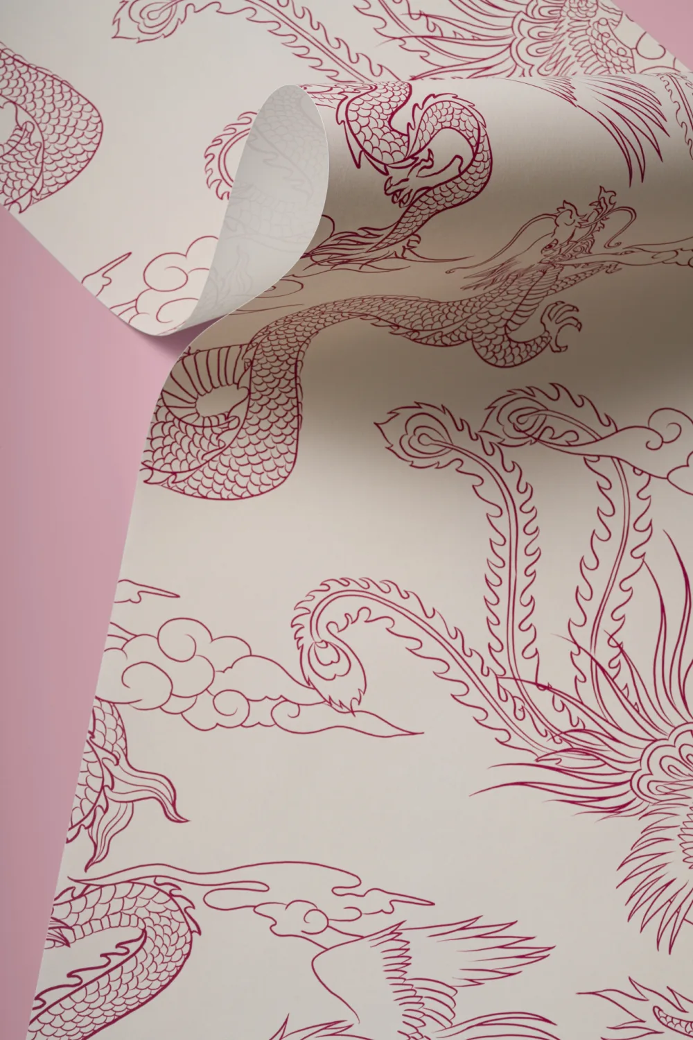 Raspberry Chinese Dragon and Phoenix Outline Wallpaper