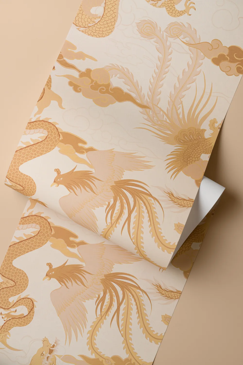 Papier peint or du dragon chinois et du phénix