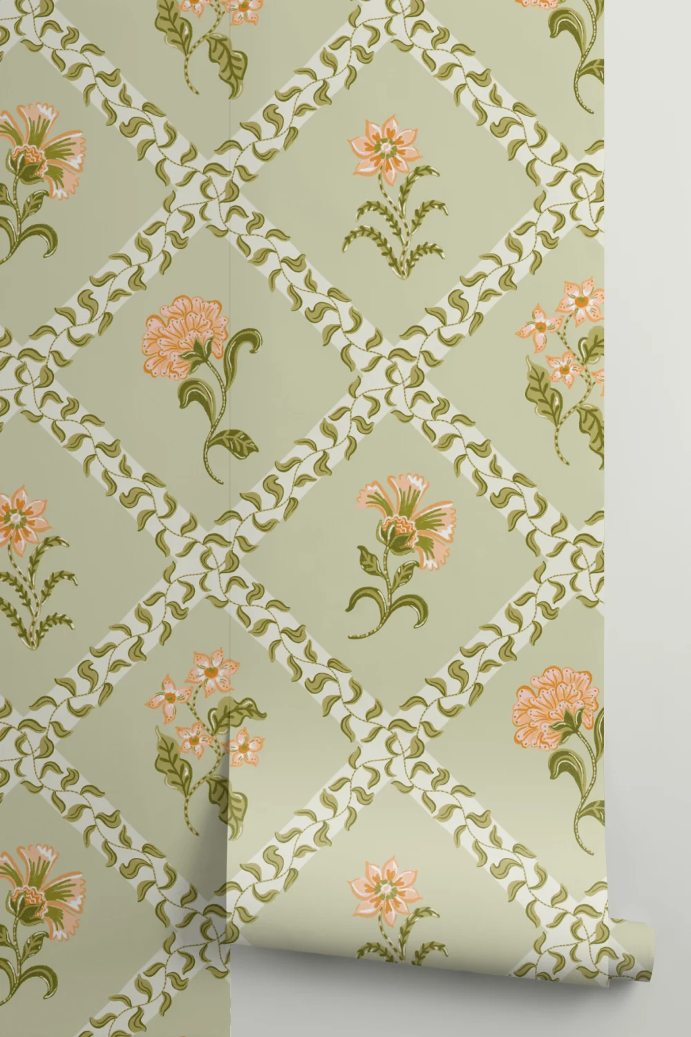 Grønt fototapet med botanisk espalier i bloktryk