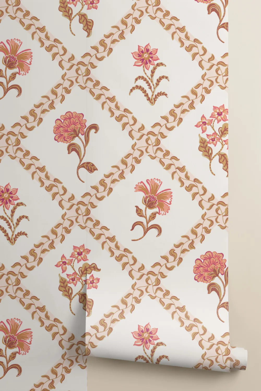 Pink Block Print Botanical Trellis Mural