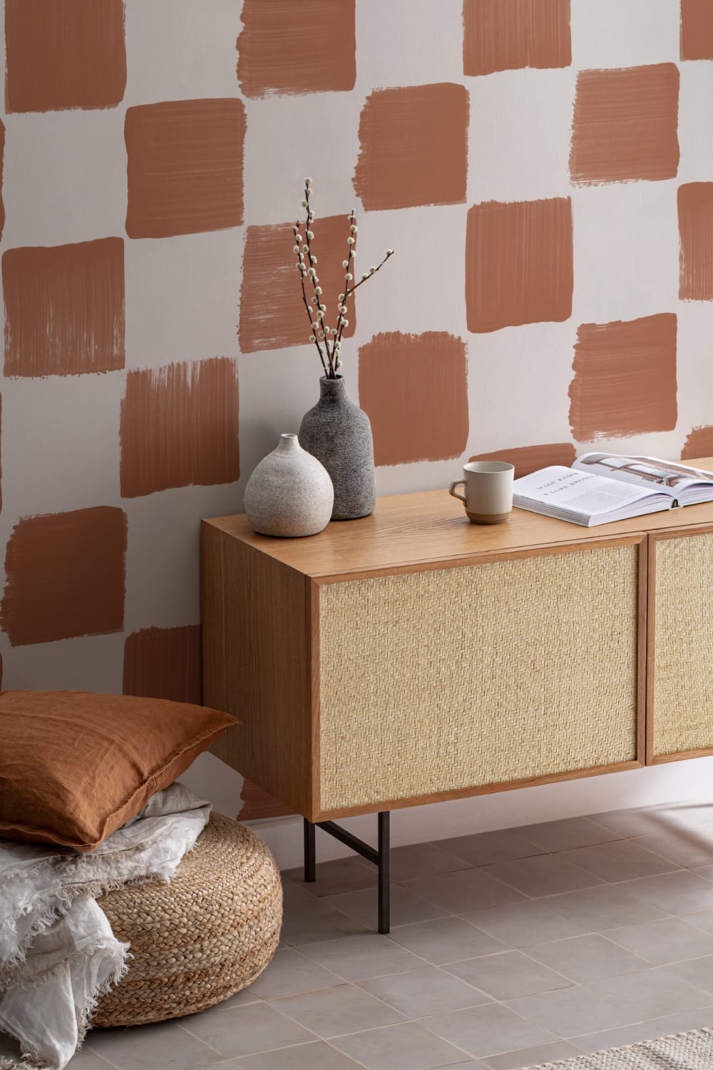Burnt Orange Hand Painted Checkered Wallpaper