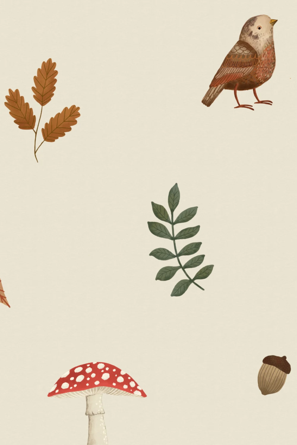 Murale pentru copii Beige Woodland Birds, Mushroom & Leaves