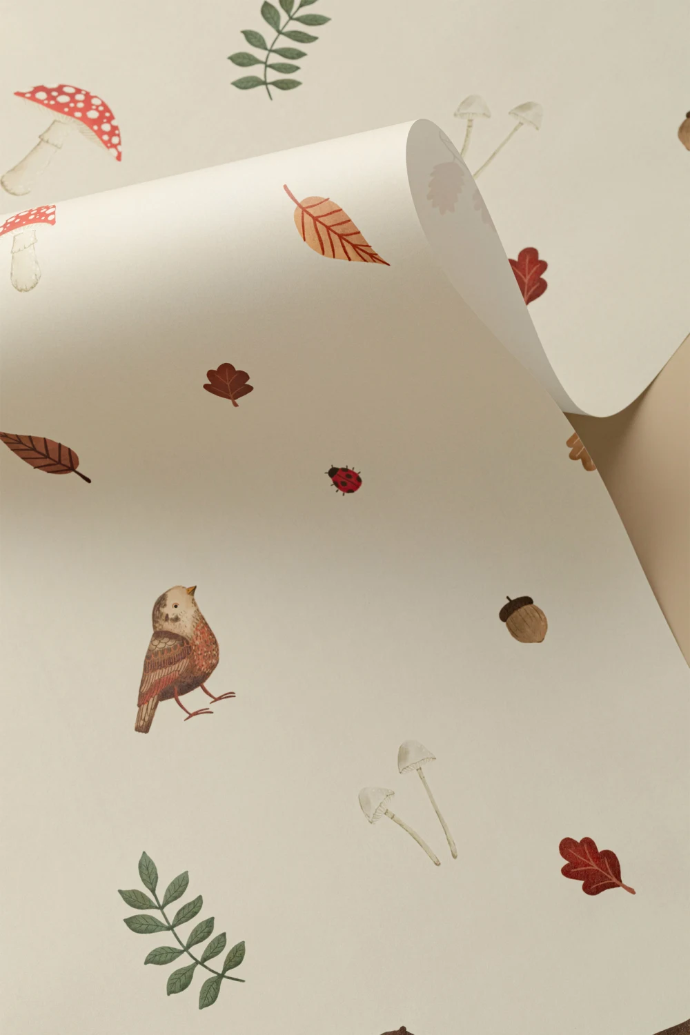 Murale pentru copii Beige Woodland Birds, Mushroom & Leaves