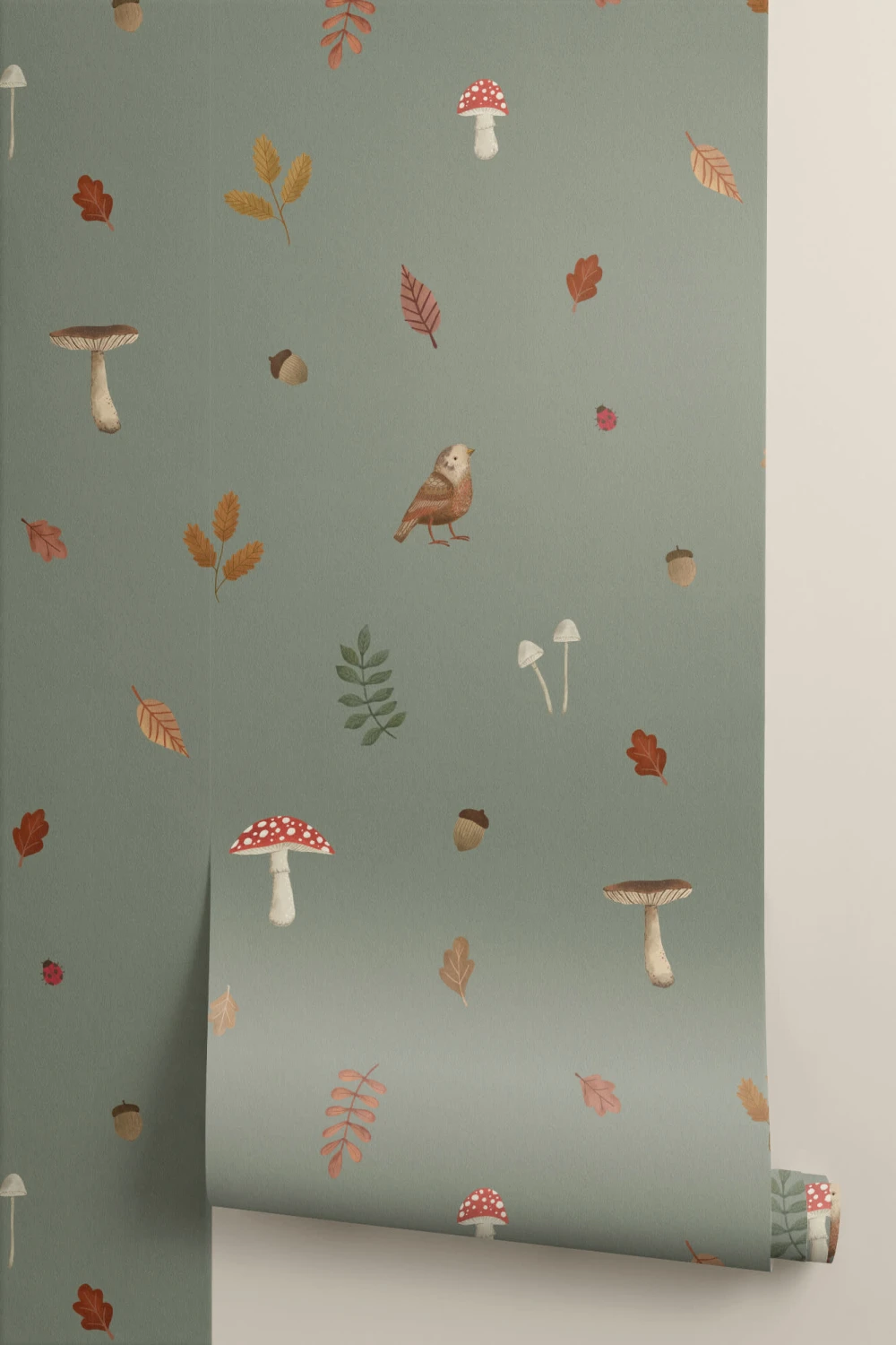 Mural de pássaros, cogumelos e folhas da floresta verde para crianças