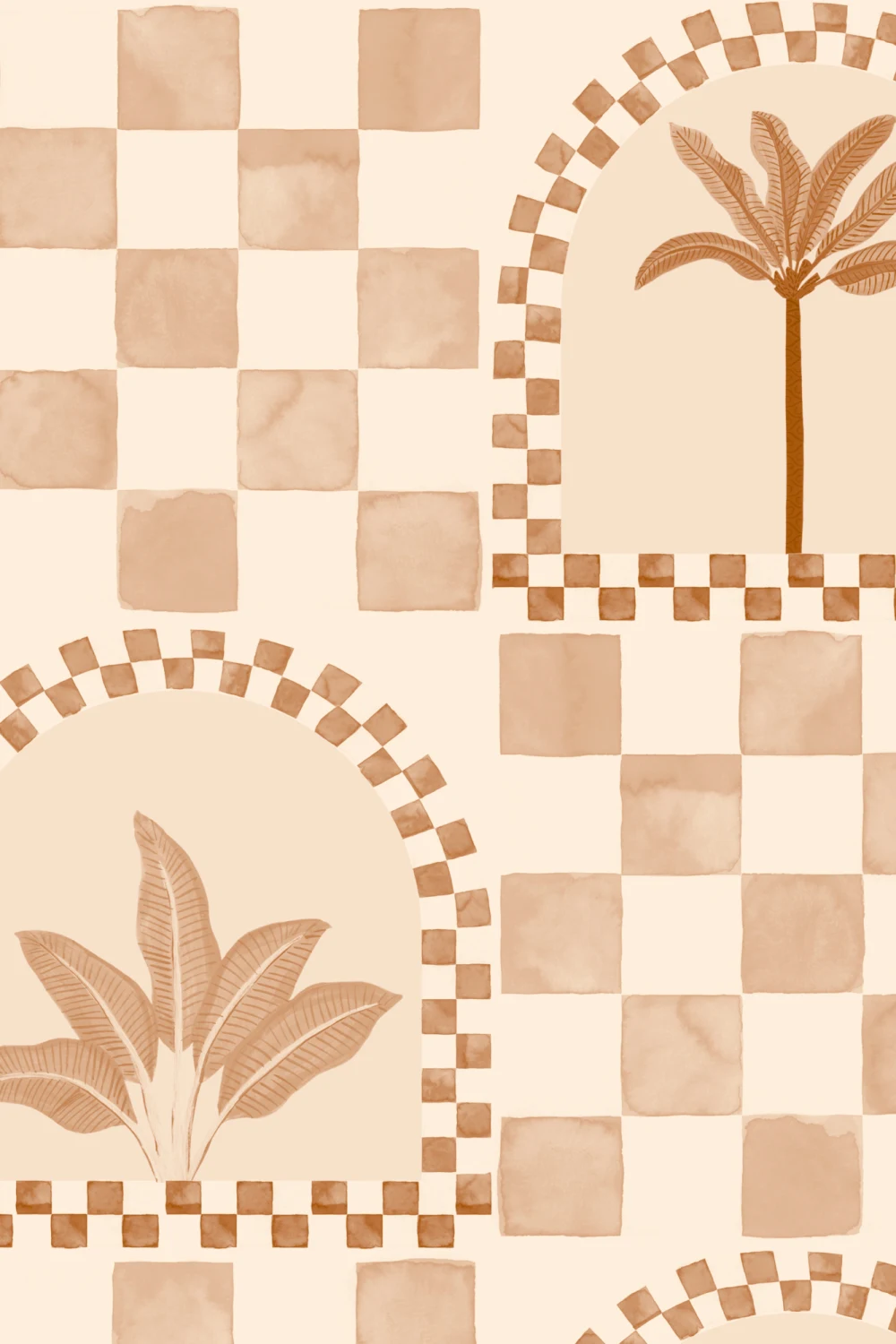 Mural de azulejos e arcos de palmeiras mediterrânicas em terracota
