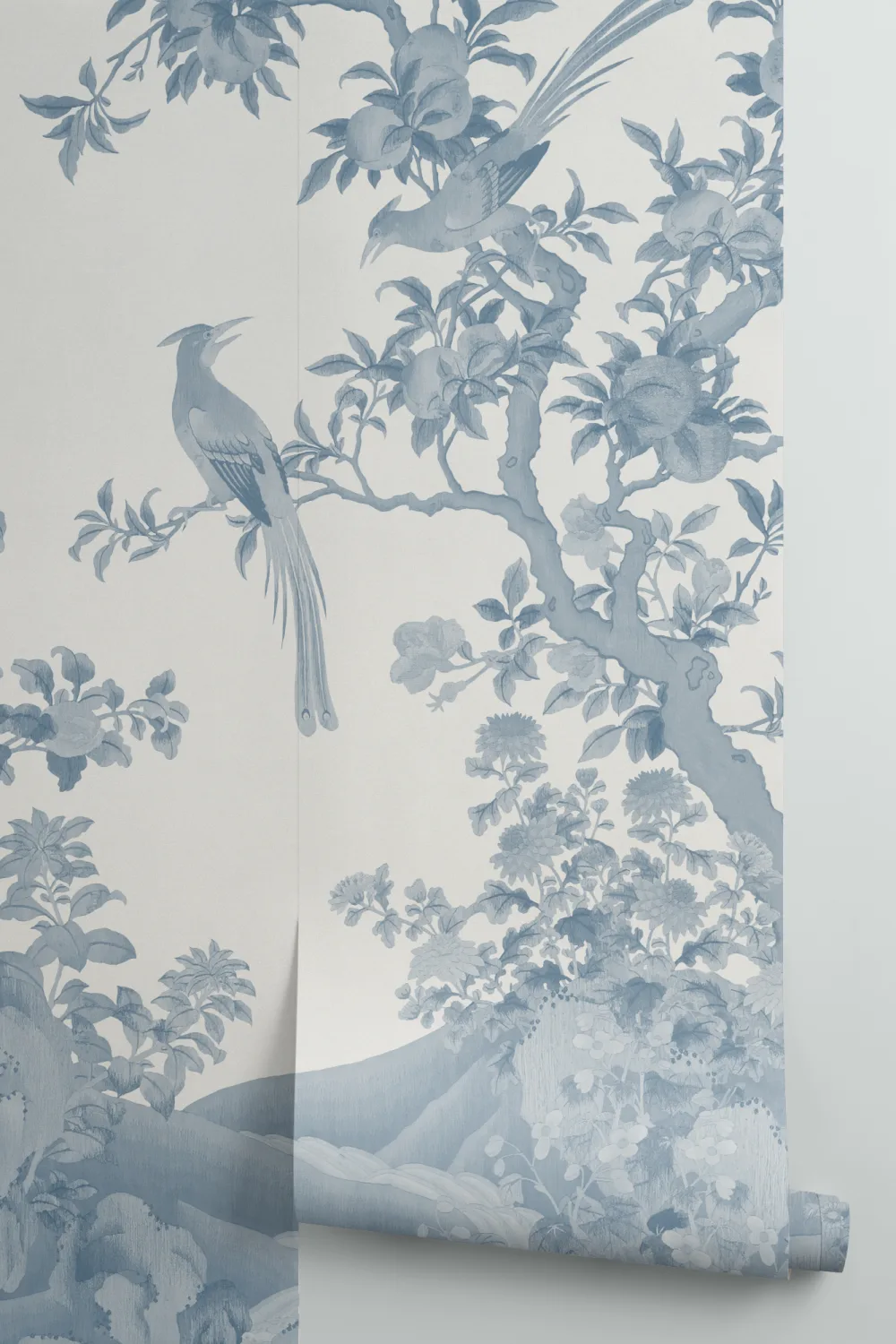 Tonal Blue Chinoiserie Vintage Garden Scene Mural