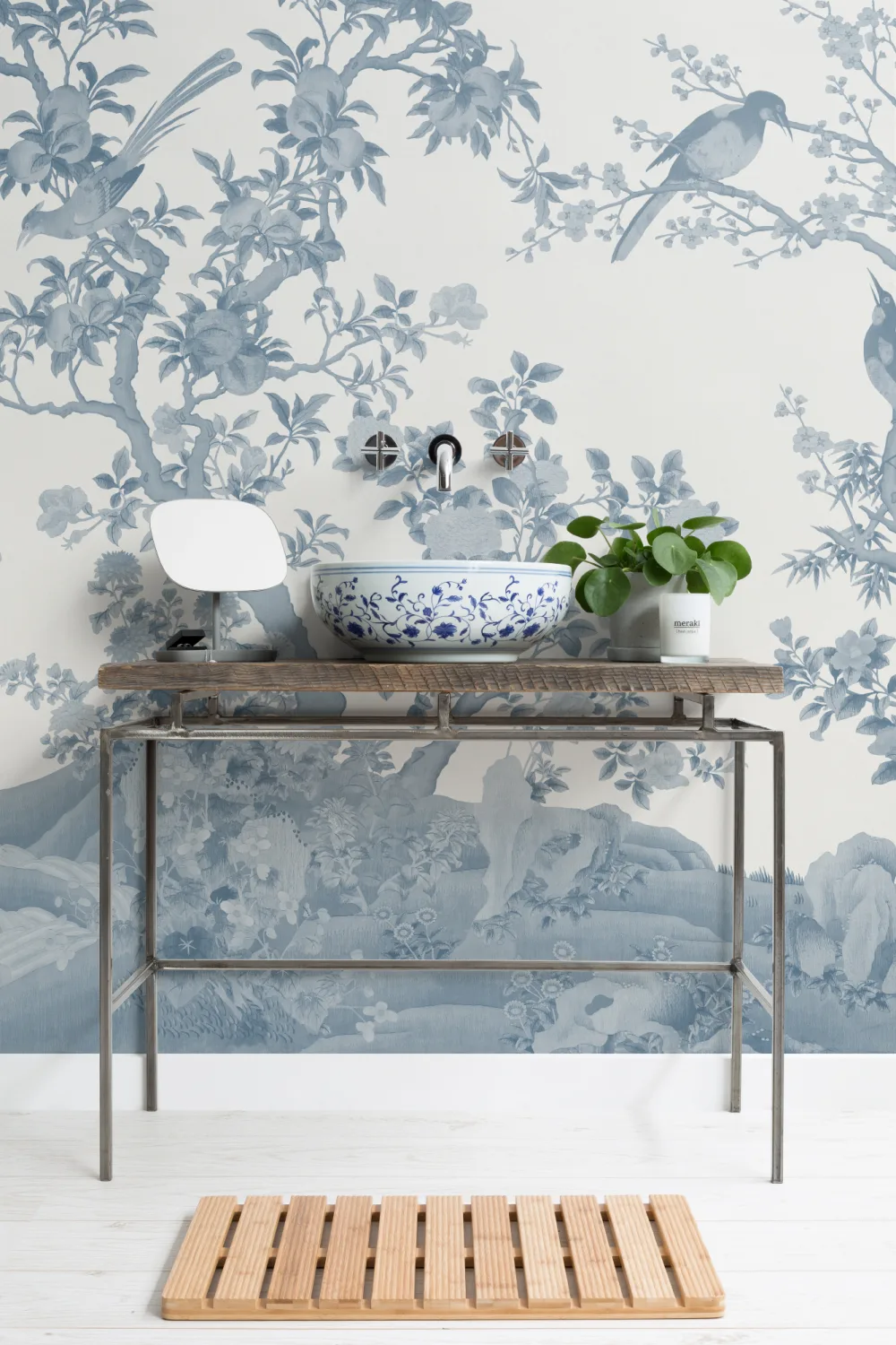 Tonal Blue Chinoiserie Vintage Garden Scene Mural
