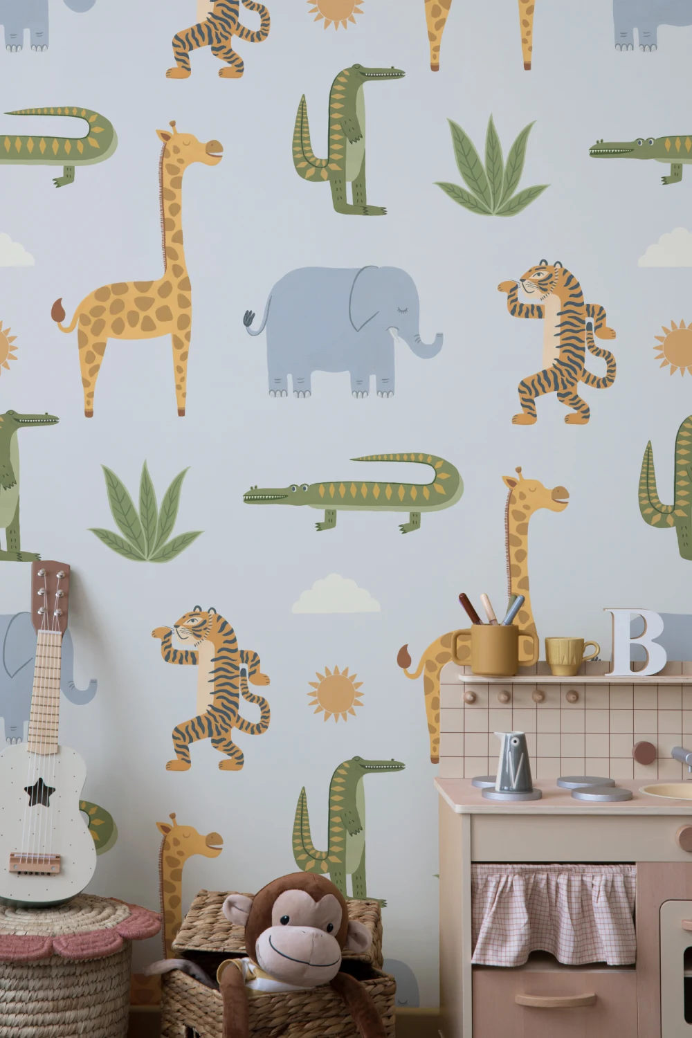 Blue Kids Playful Jungle Animals Mural