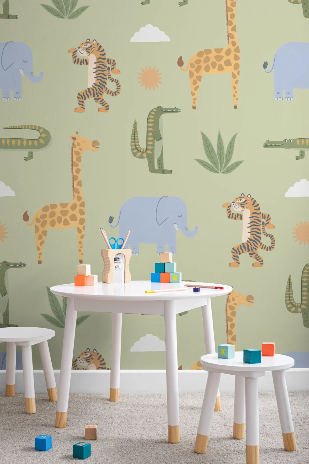 Green Kids Playful Jungle Animals Mural