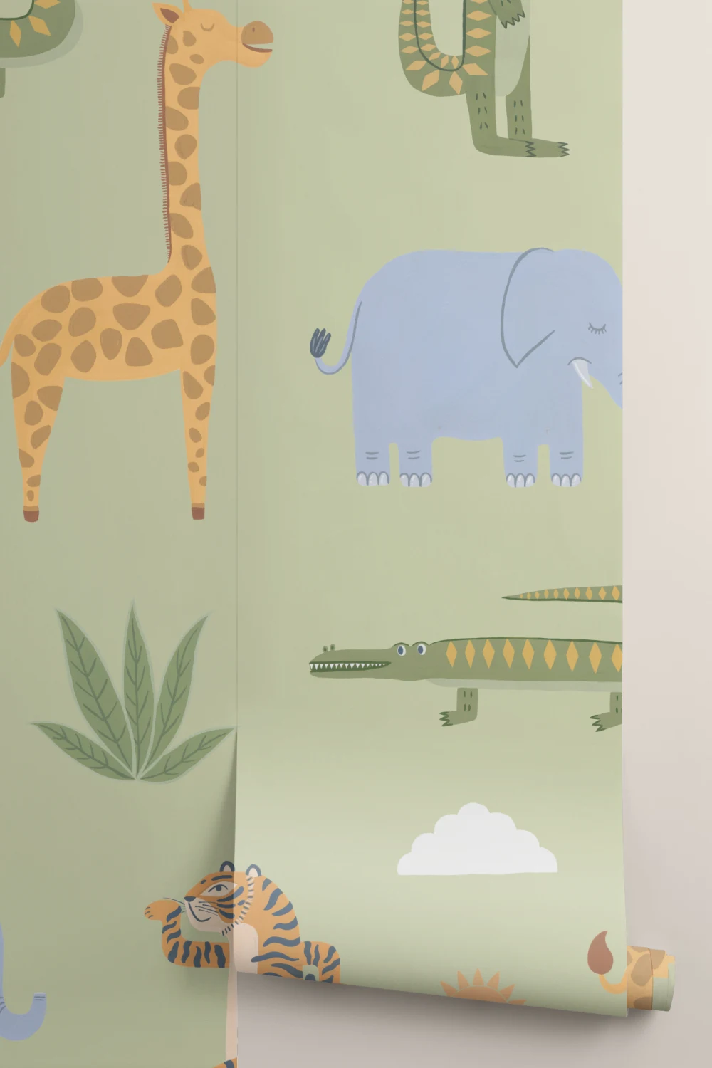 Green Kids Playful Jungle Animals Mural