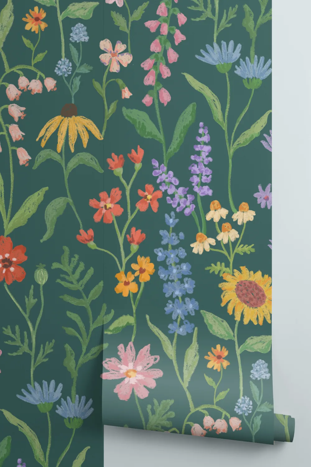 Verde închis mână desenat Wildflowers murale