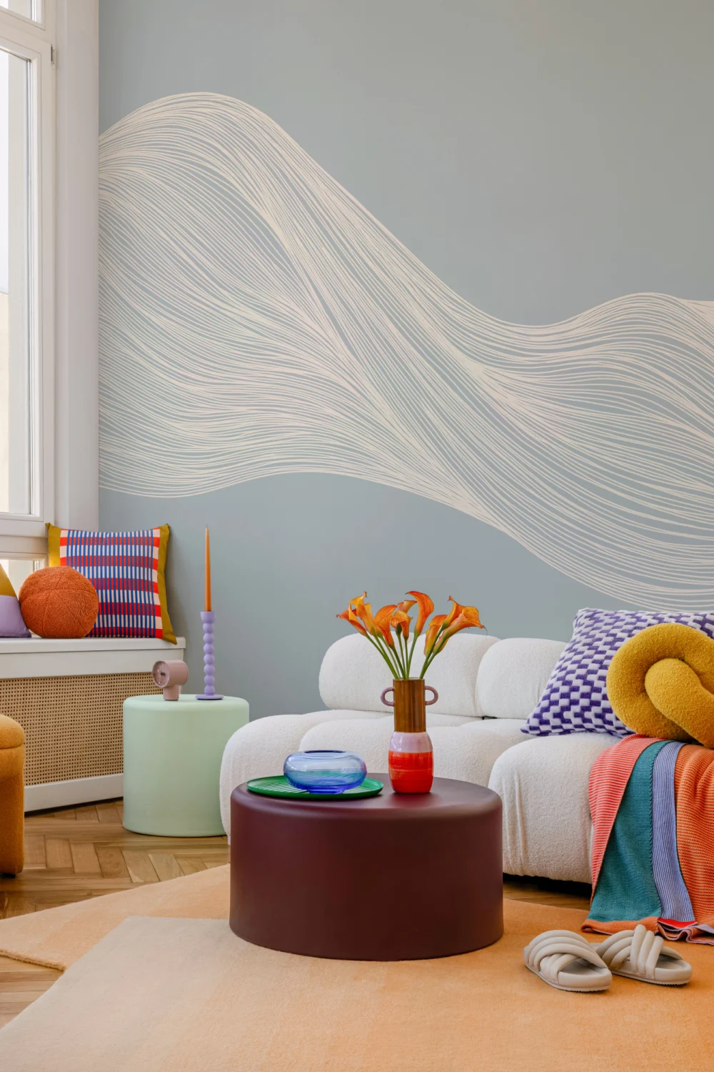 Blue Wavy Line Abstract Mural
