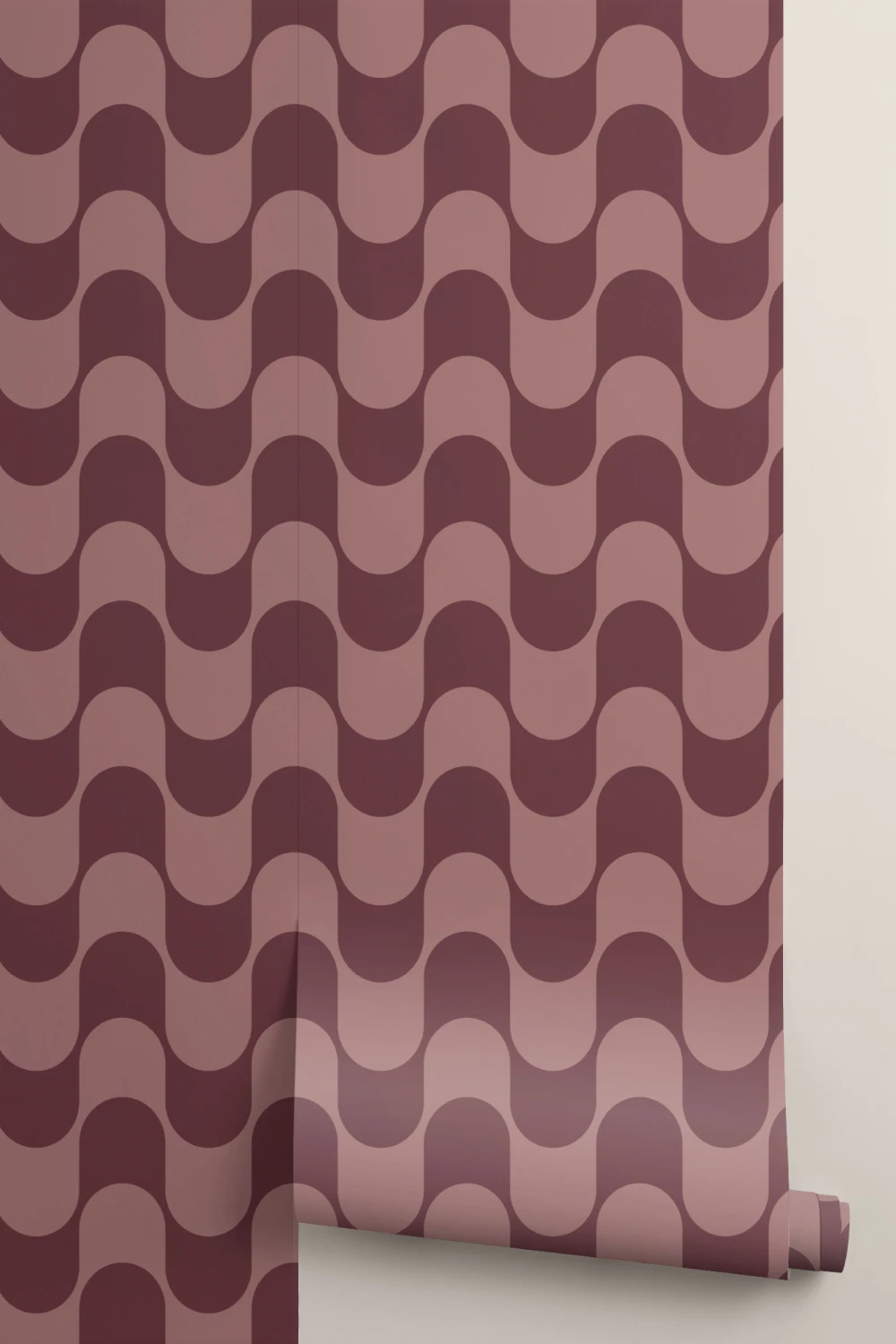Burgundy Retro Wavy Striped Wallpaper