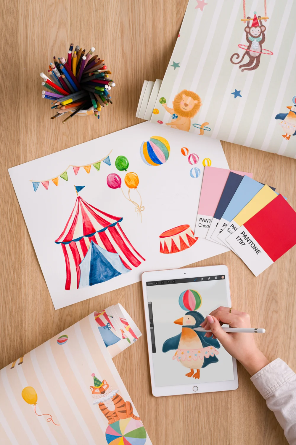 Kinderen Gele Streep Circus Dieren Muurschildering