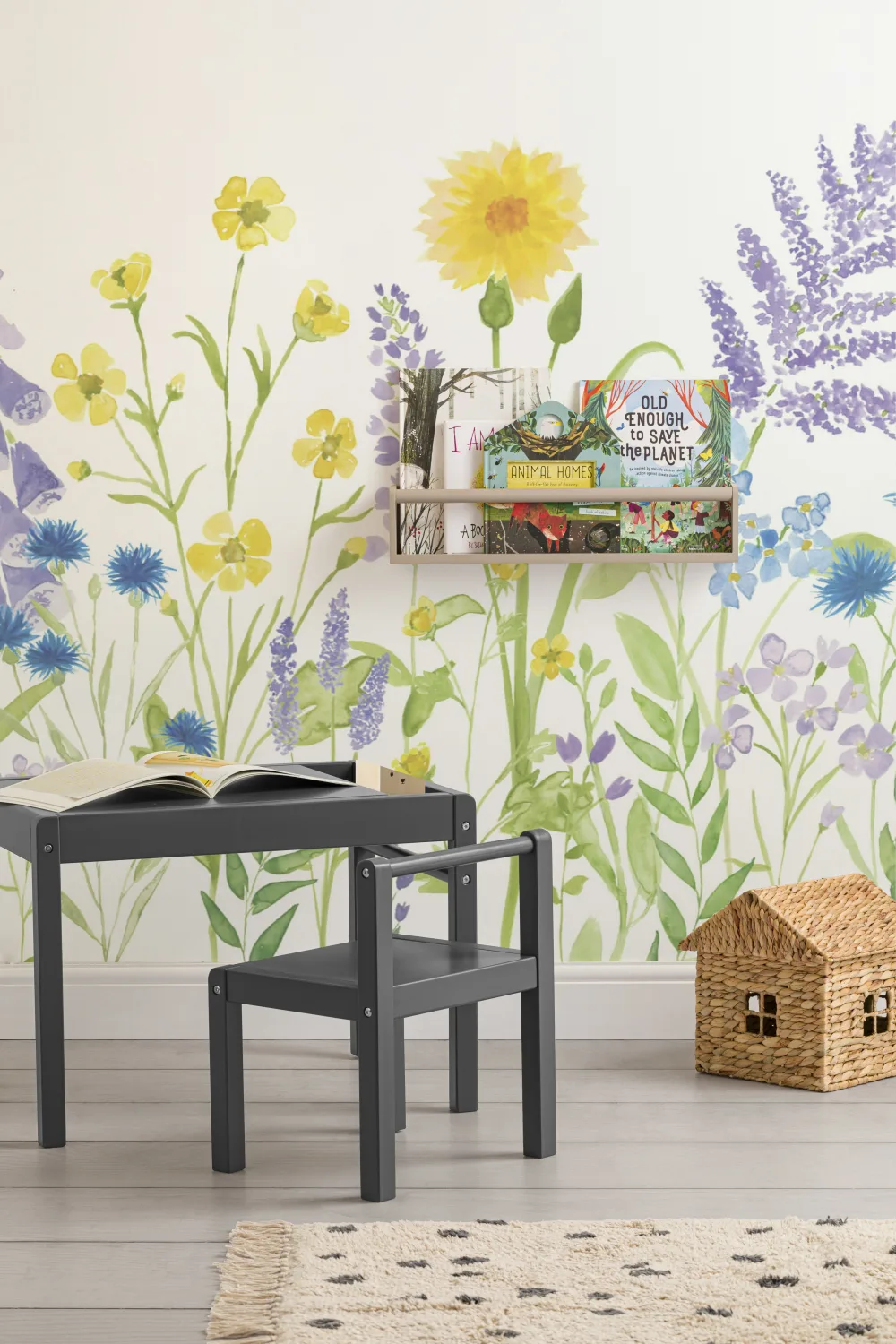 Bright Lilac & Green Watercolor Wildflower Wallpaper Mural