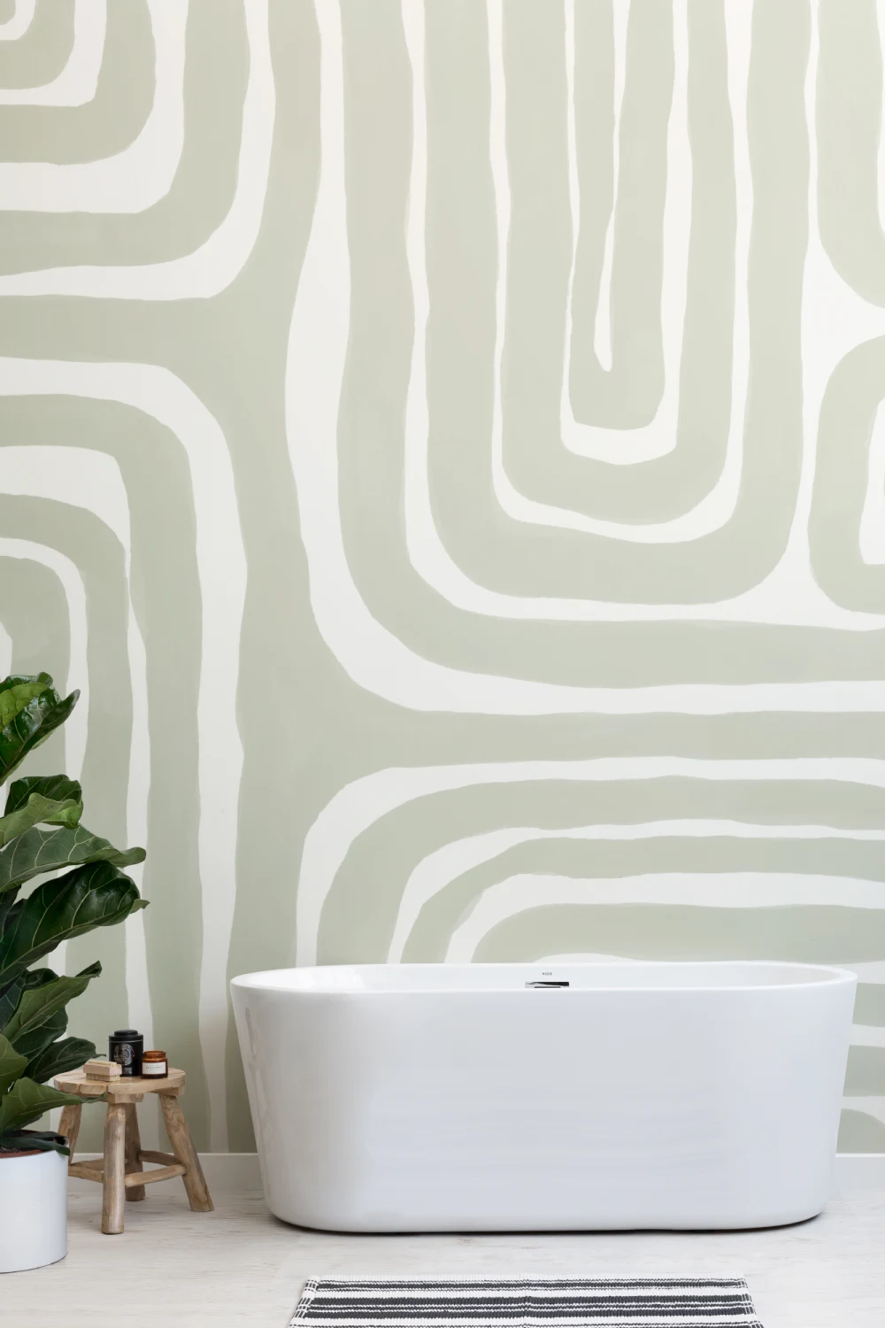 Hand Painted Maze Pattern Modern Geometric Mural in Soft Green
