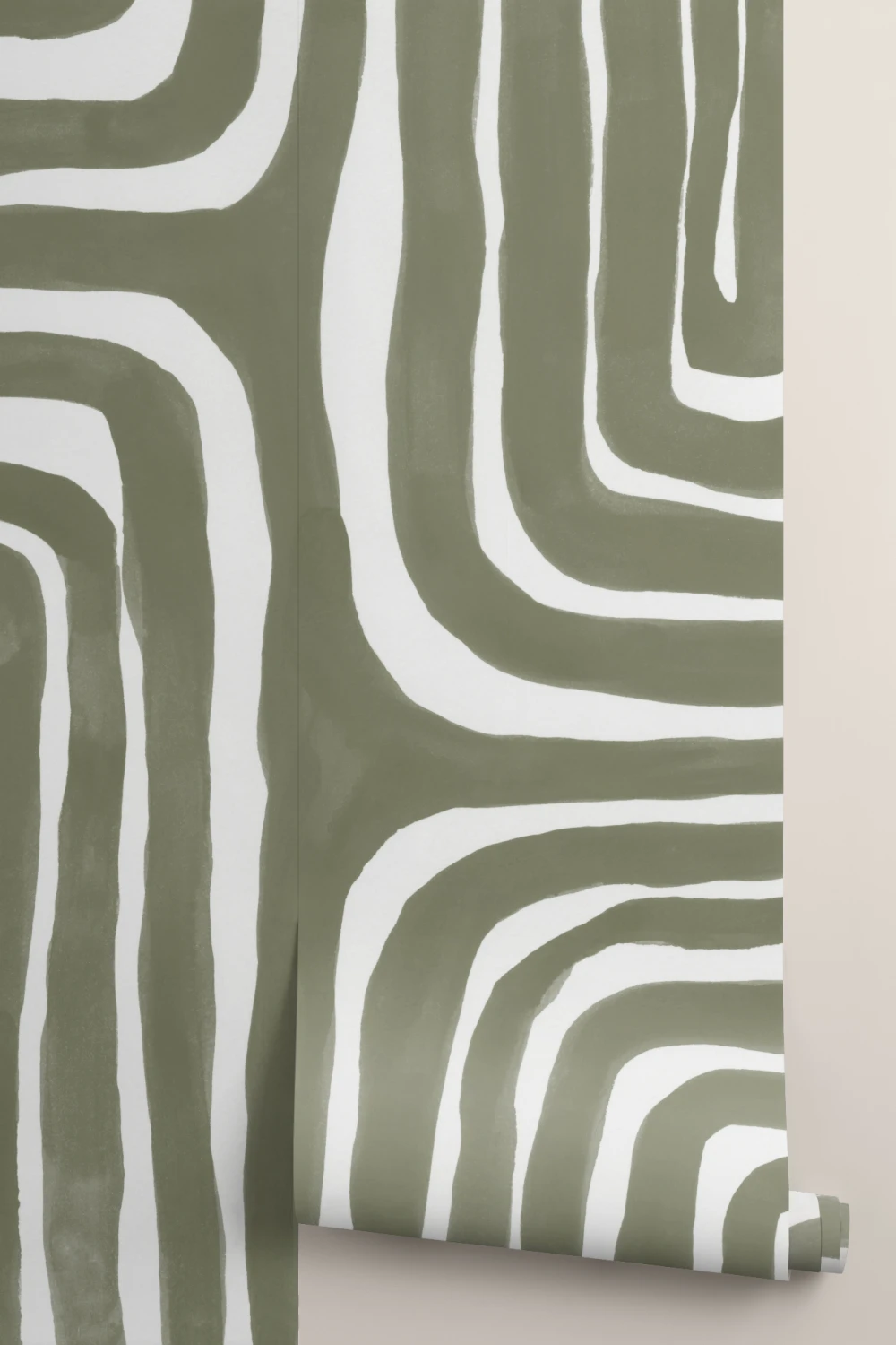 Mural geométrico moderno com padrão de labirinto pintado à mão em verde azeitona