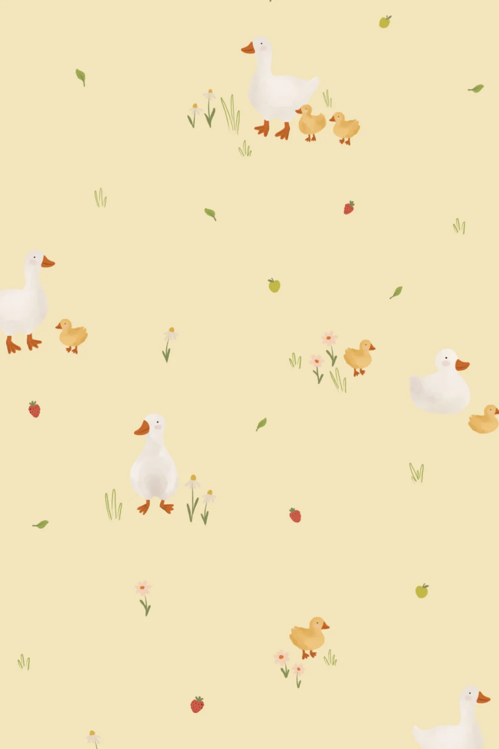 Geel Schattig Beige Eend & Eendjes Print Behang