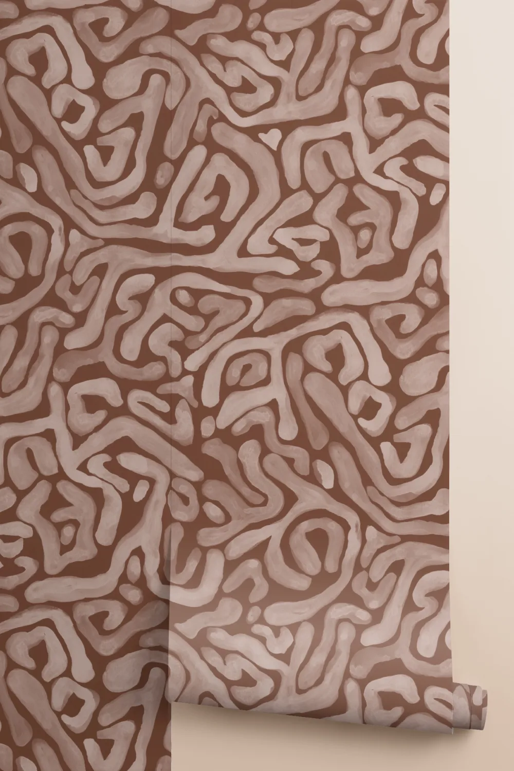 Hand-Painted Organic Maze Pattern Wallpaper in Terracotta