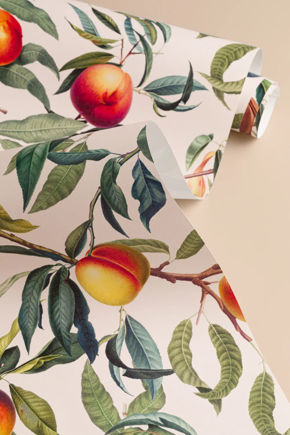 Cream and Green Vintage Botanical Peach Fruit Repeat Pattern Wallpaper