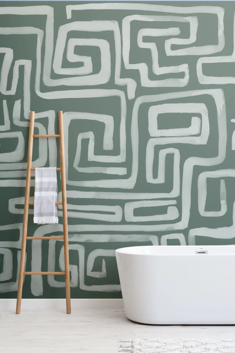 Hand-Painted Maze Pattern Mural in Emerald Green