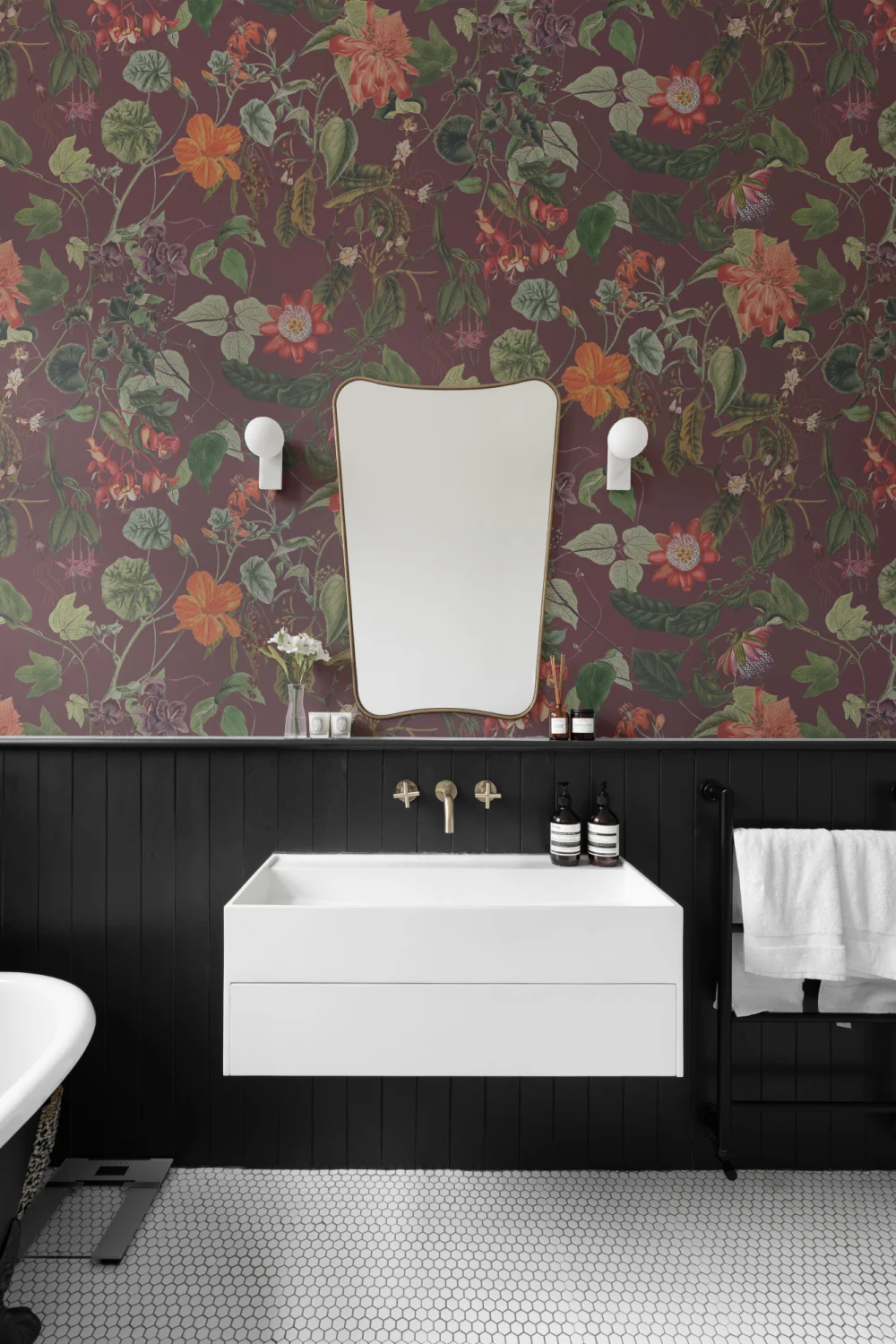 Rich Botanical Floral Wall Mural in Deep Berry Red