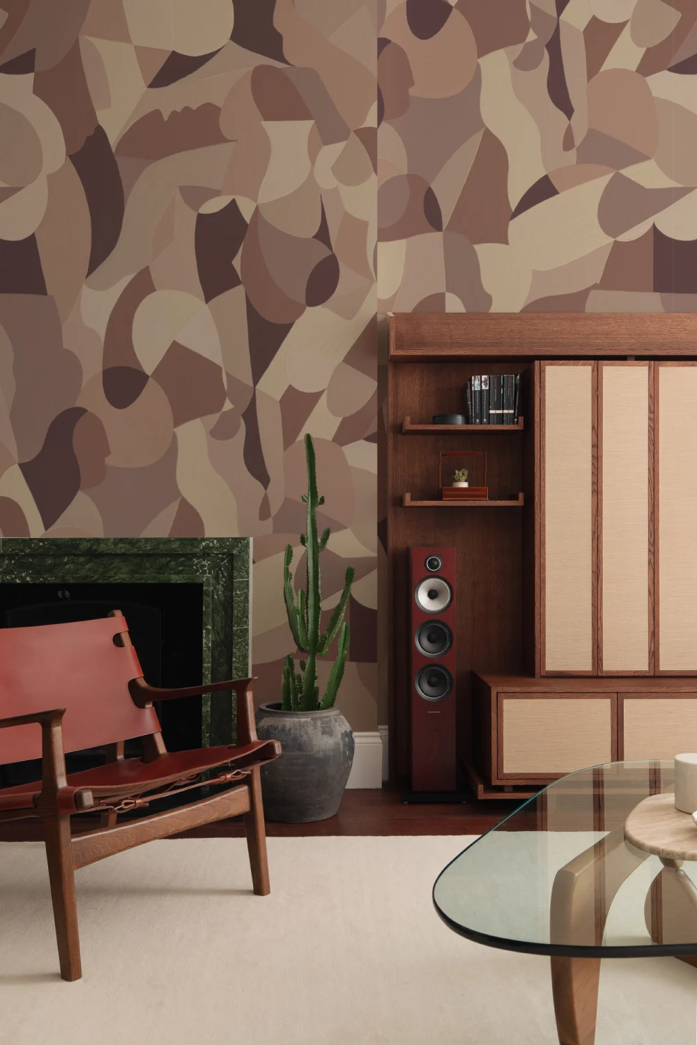 Cubist Human Form Abstract Mural In Earthy Browns