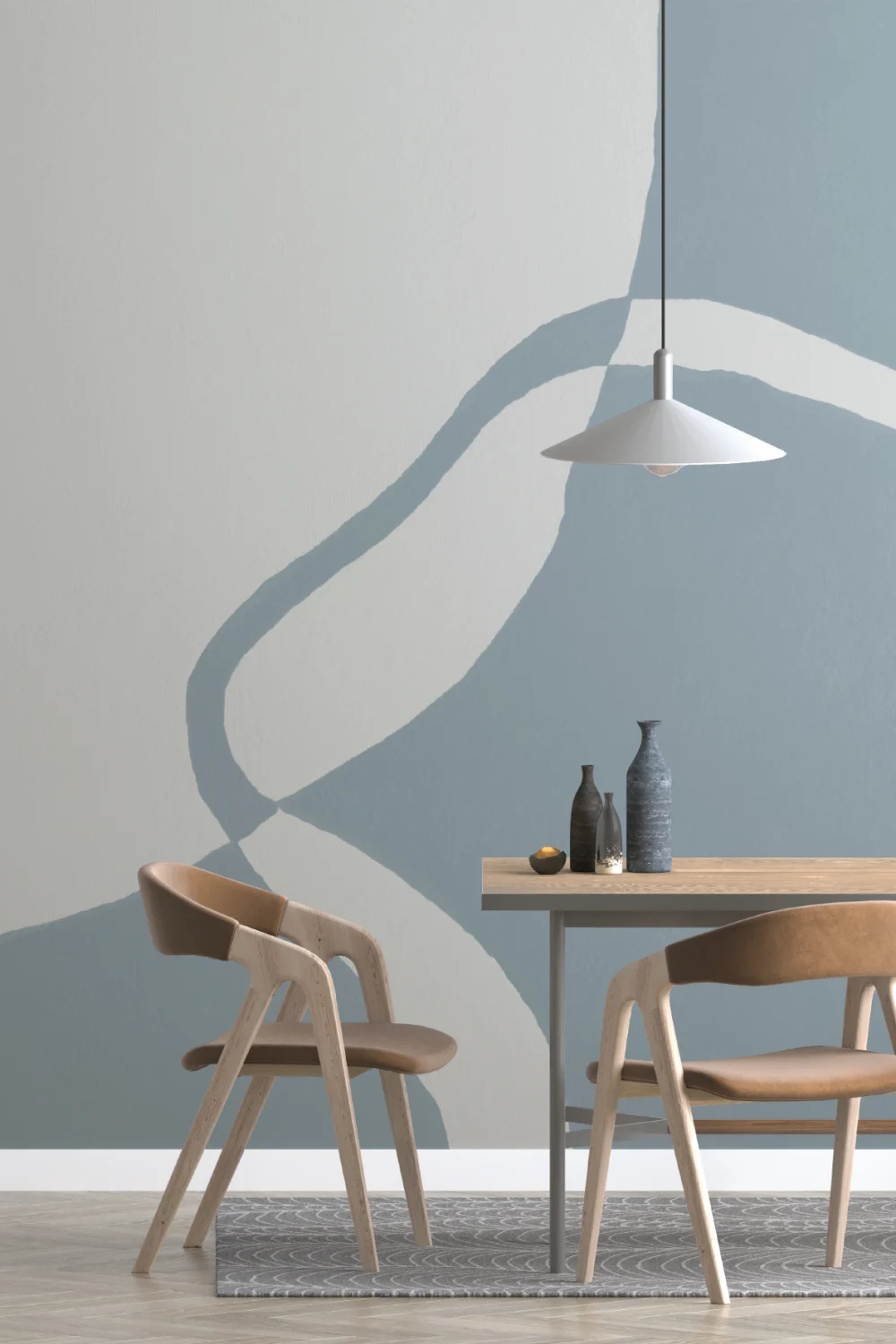Hand-Painted Curved Form Mural in Cool Blue with Plaster Texture