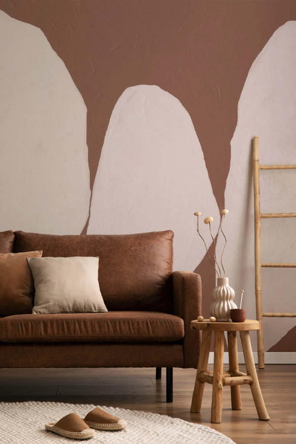 Hand-Painted Organic Form Mural in Warm Terracotta with Textured Plaster Finish