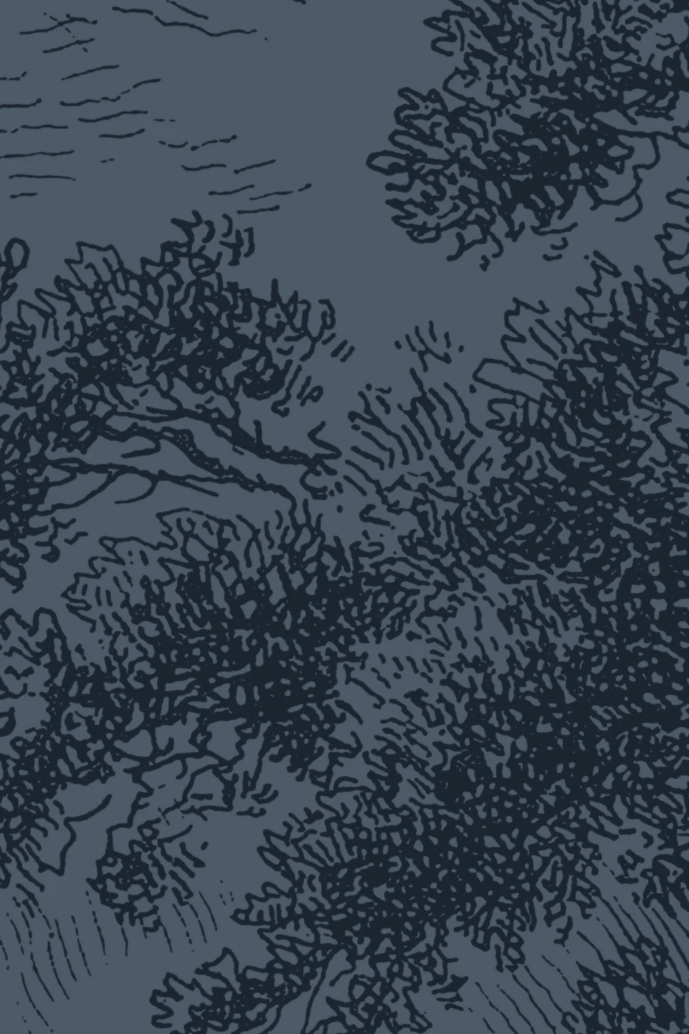 Vintage Forest Etching Wall Mural in Deep Navy Blue
