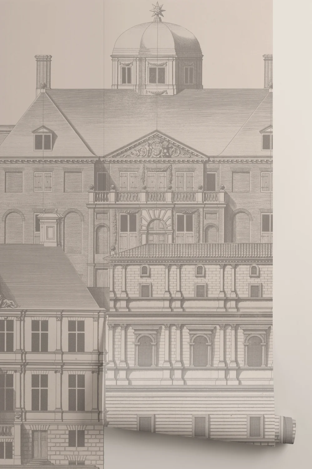 Classical Architectural Etching Wall Mural Blueprint Design by Jan Matthysz and Pieter Jansz Post in Grey