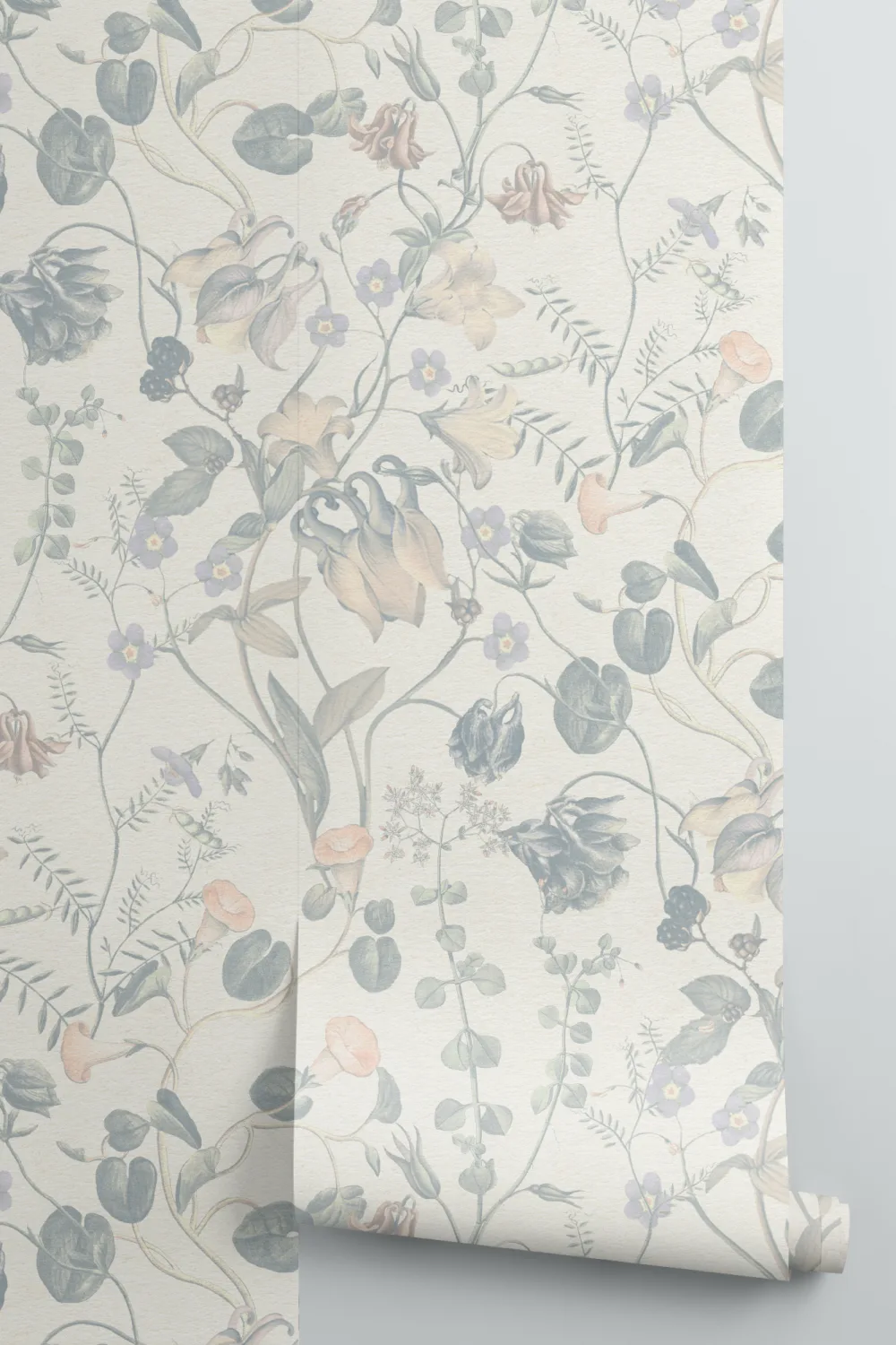 Evelina Blue Botanical Wallpaper with Whimsical Vintage Floral Details