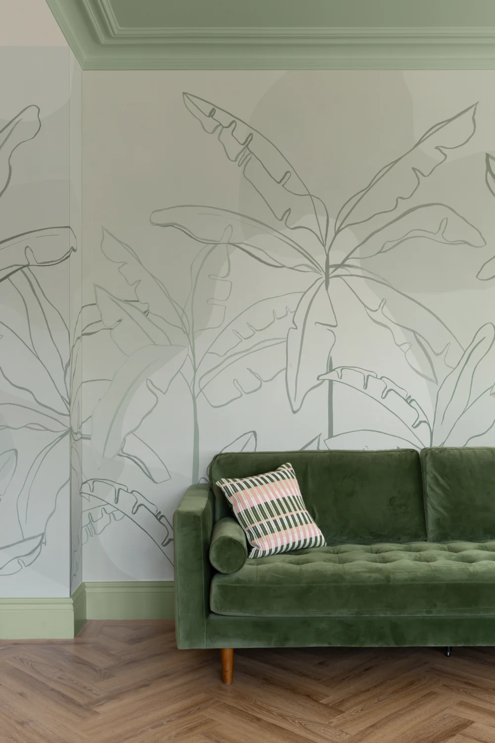 Green Tropical Wall Mural with Inky Banana Leaf Illustration
