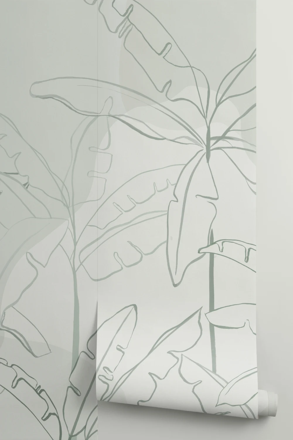 Green Tropical Wall Mural with Inky Banana Leaf Illustration