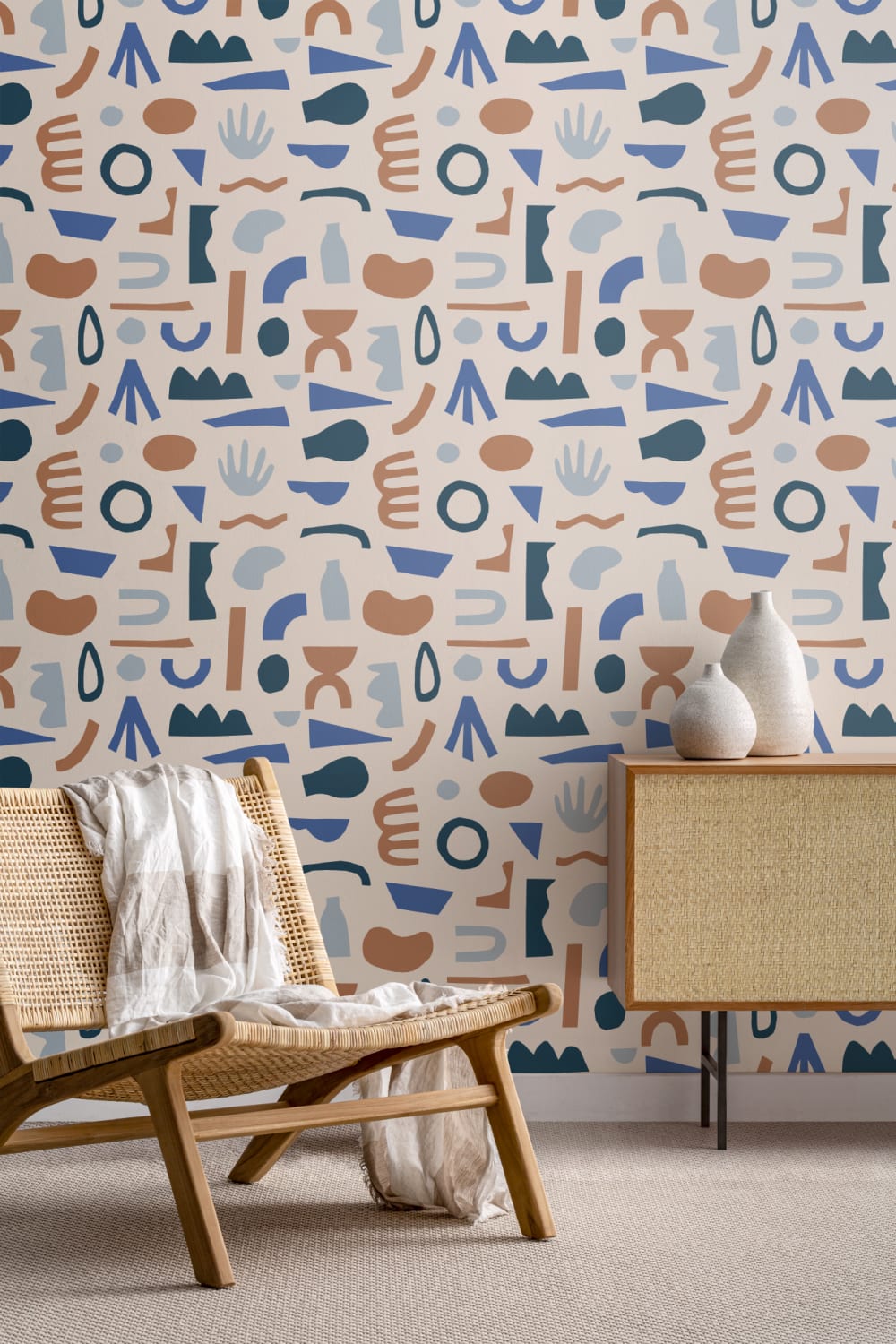 Blue & Neutral Abstract Shapes Repeat Pattern Wallpaper