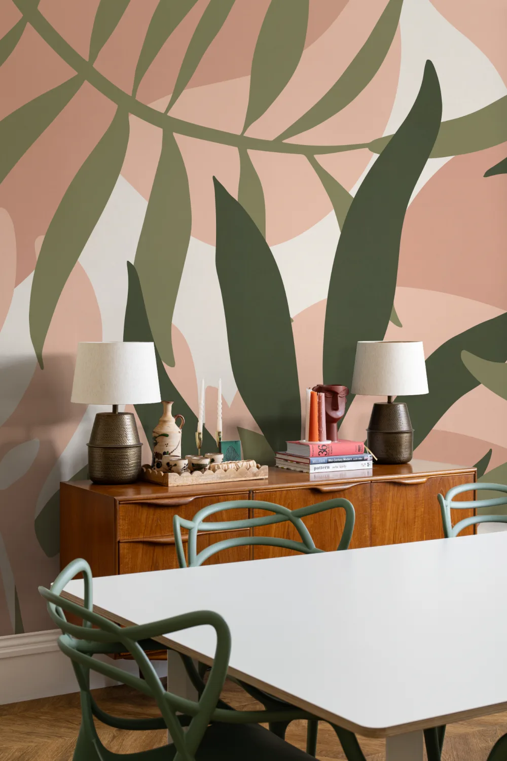 Blush Pink and Green Tropical Leaves Wallpaper Mural