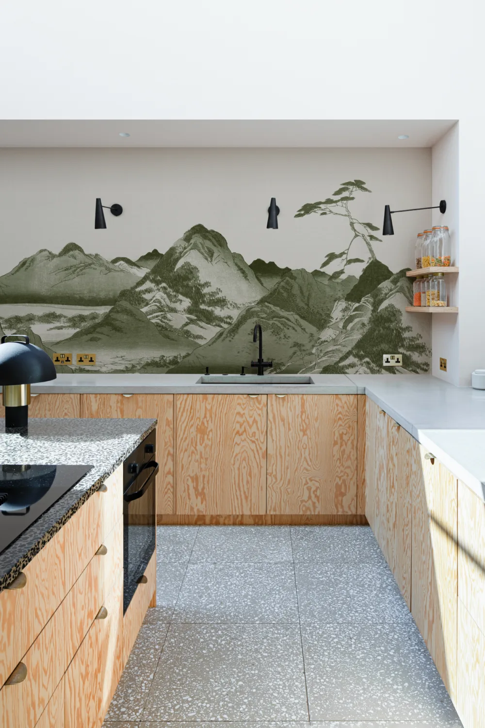 Mural de papel pintado de paisaje montañoso verde japonés