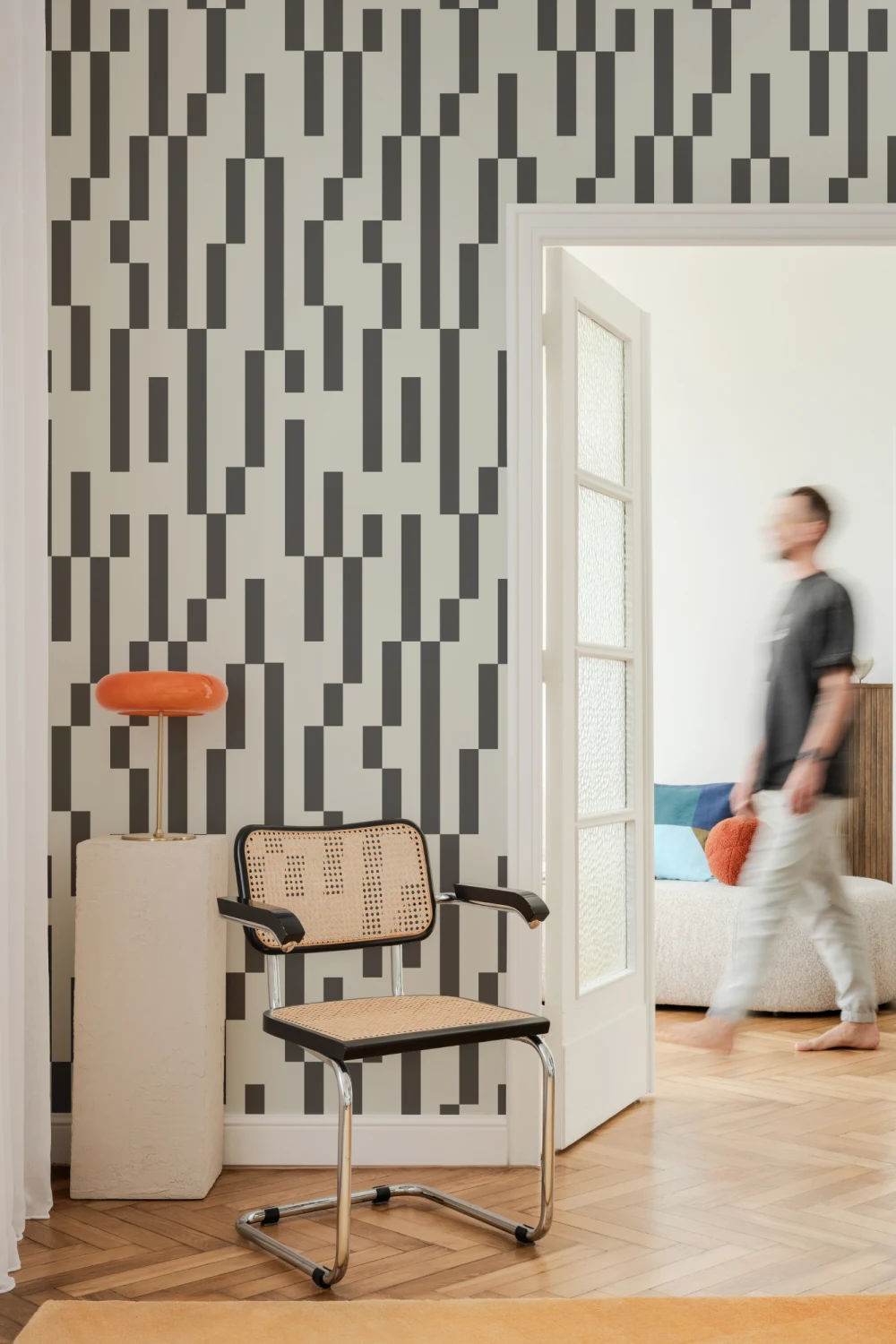 Svartvitt modernt Bauhaus geometriskt upprepningsmönster tapet