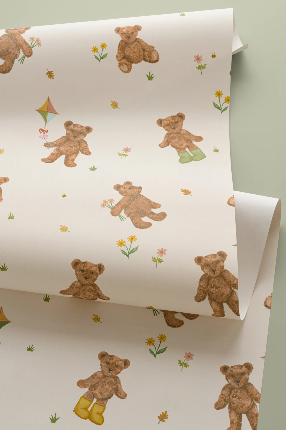 Beige Kids Cute Teddy Motif Wallpaper