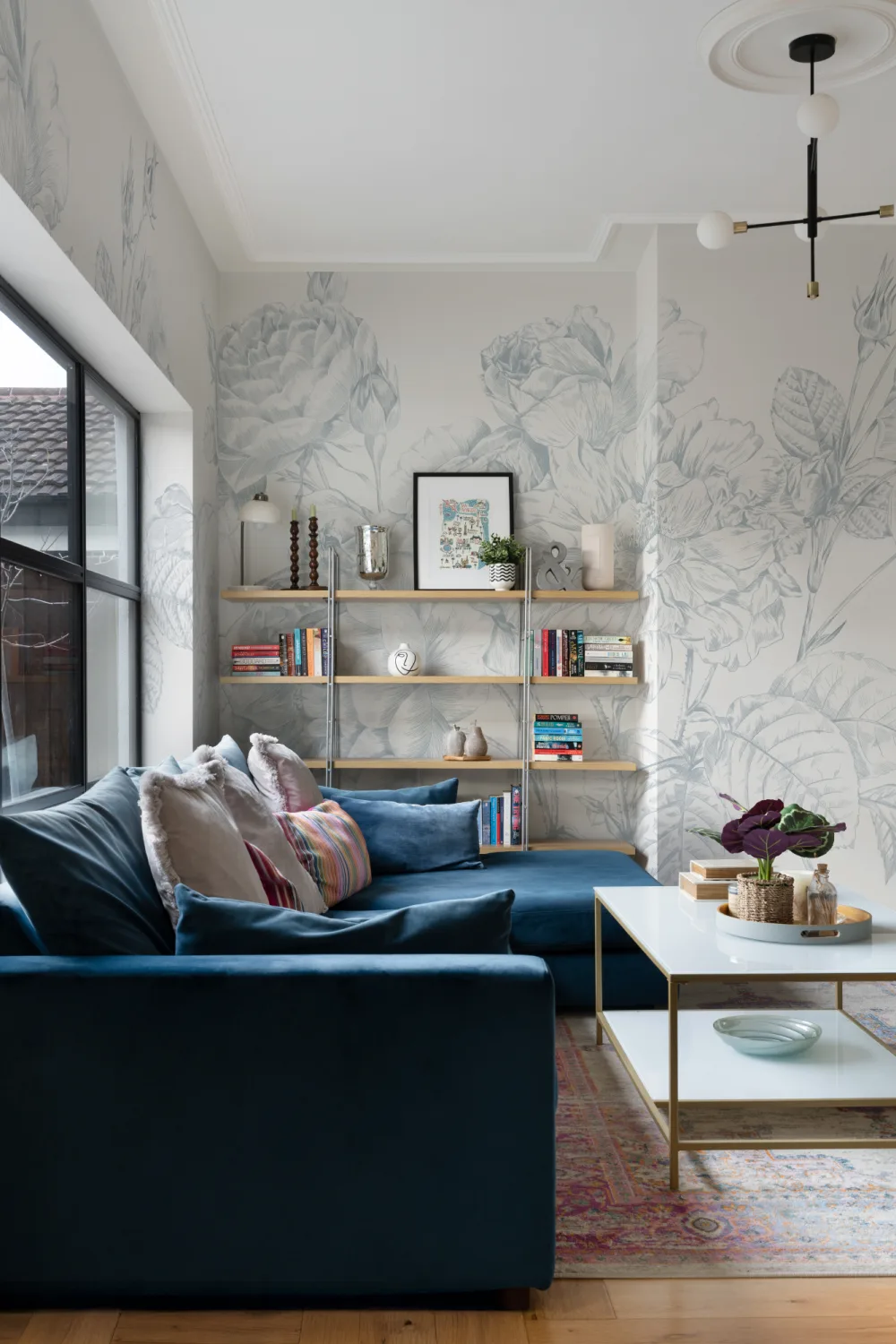 Blue Large Illustrated Roses Wallpaper Mural