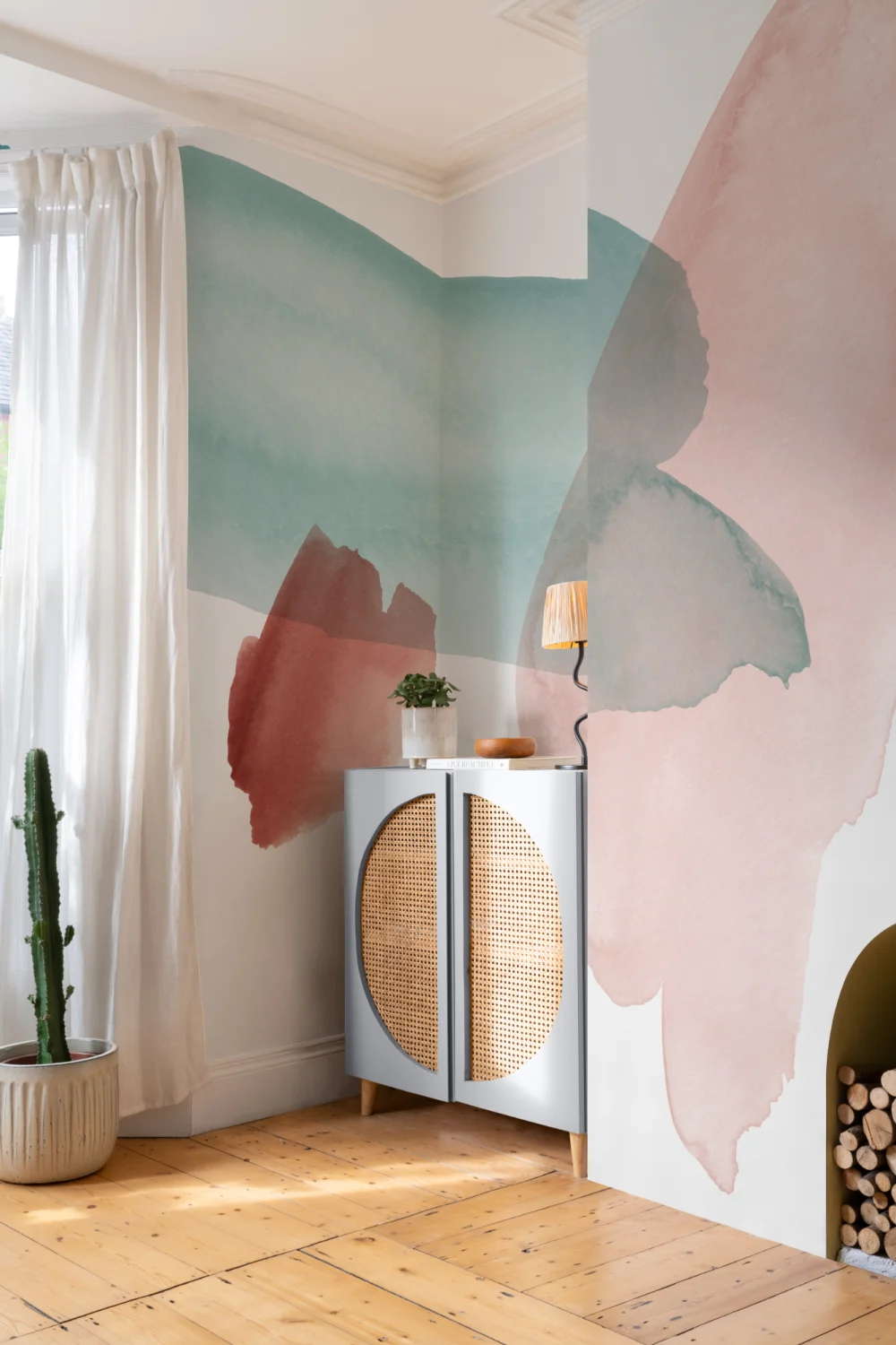 Blue & Pink Abstract Watercolour Paint Wallpaper Mural
