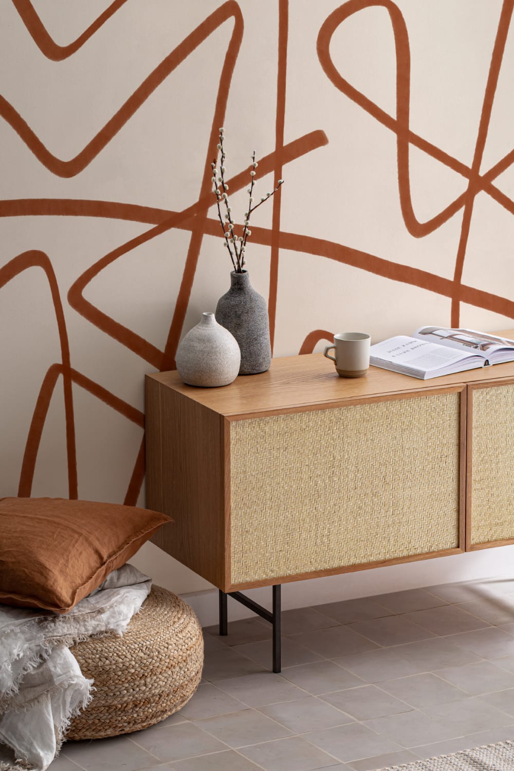 Terracotta & Bej Wavy Line Abstract Wallpaper Mural