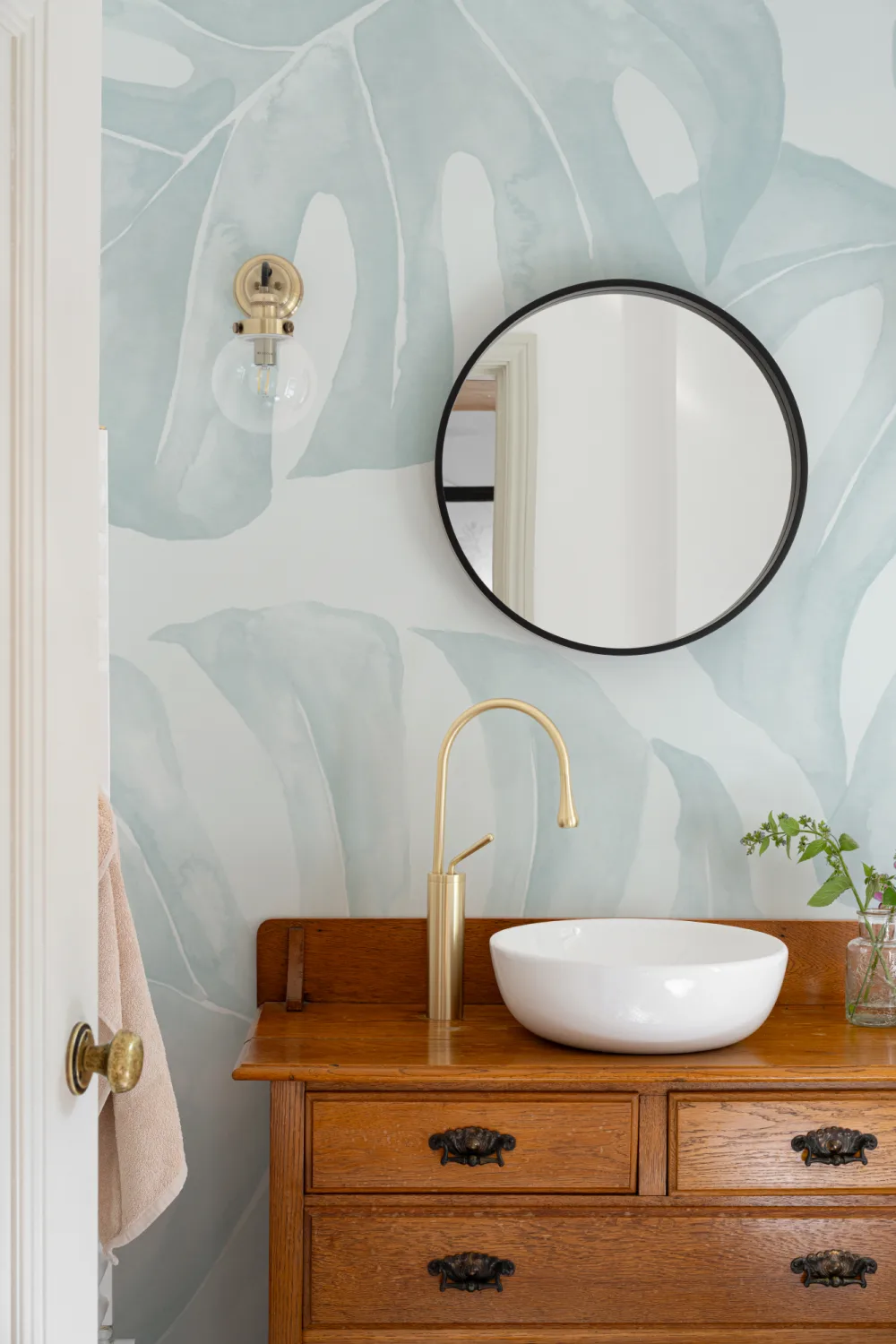Blue Watercolor Monstera Leaf Mural