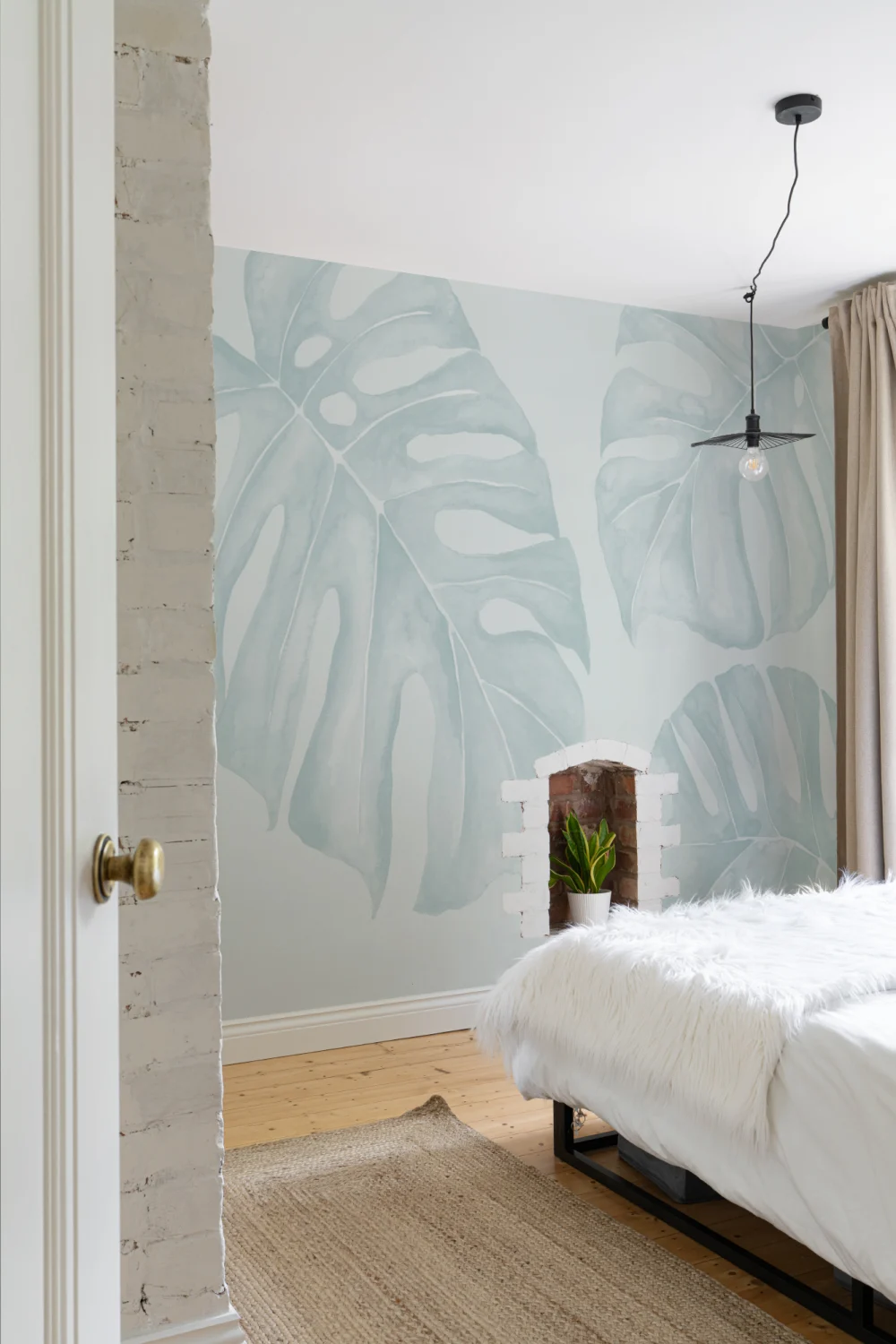 Blue Watercolor Monstera Leaf Mural