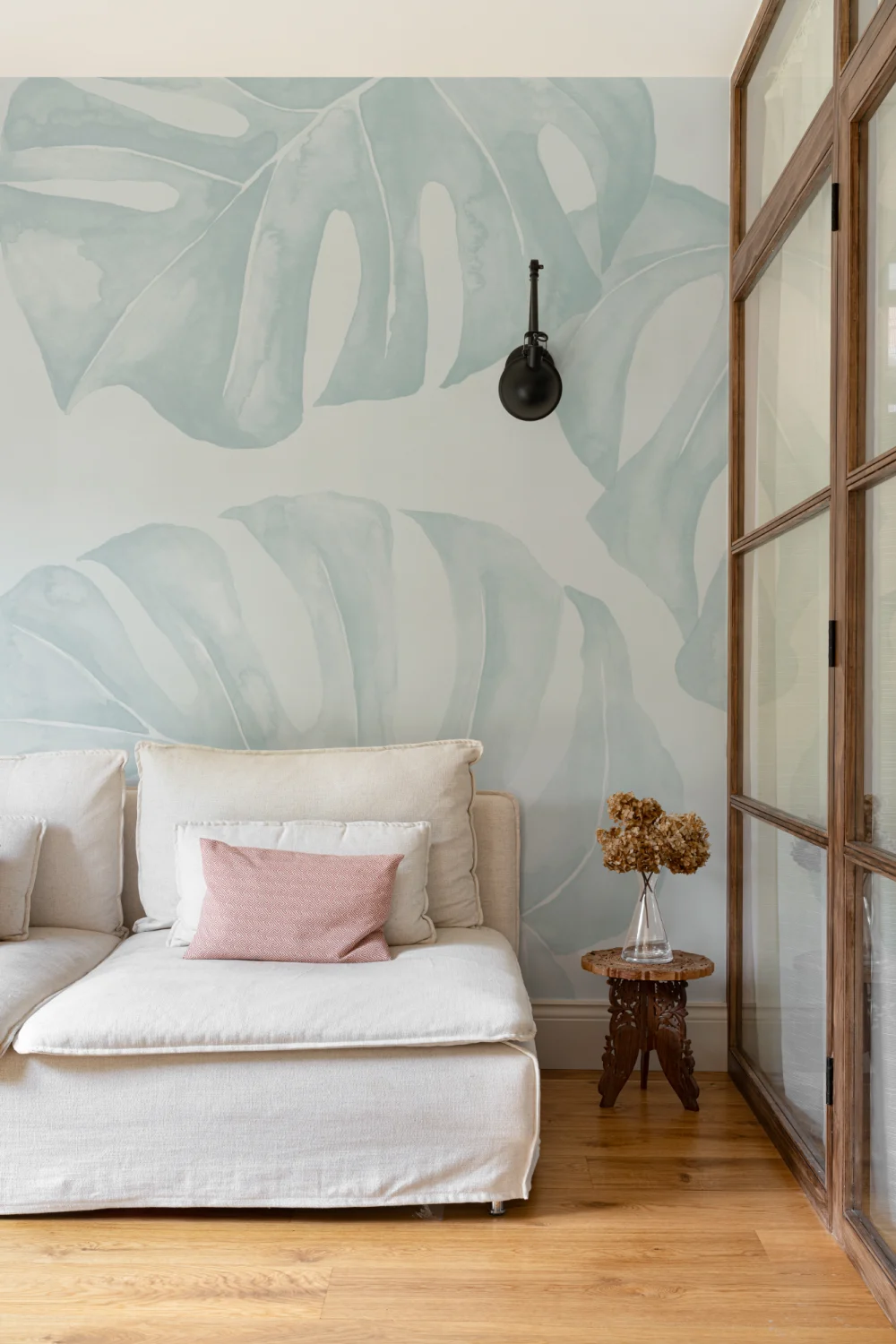 Blue Watercolor Monstera Leaf Mural