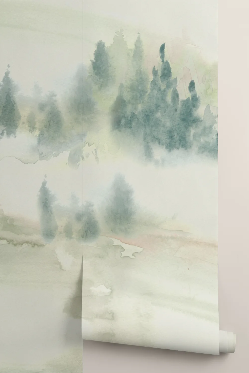Green Serene Landscape Watercolor Mural For Tranquil Spaces