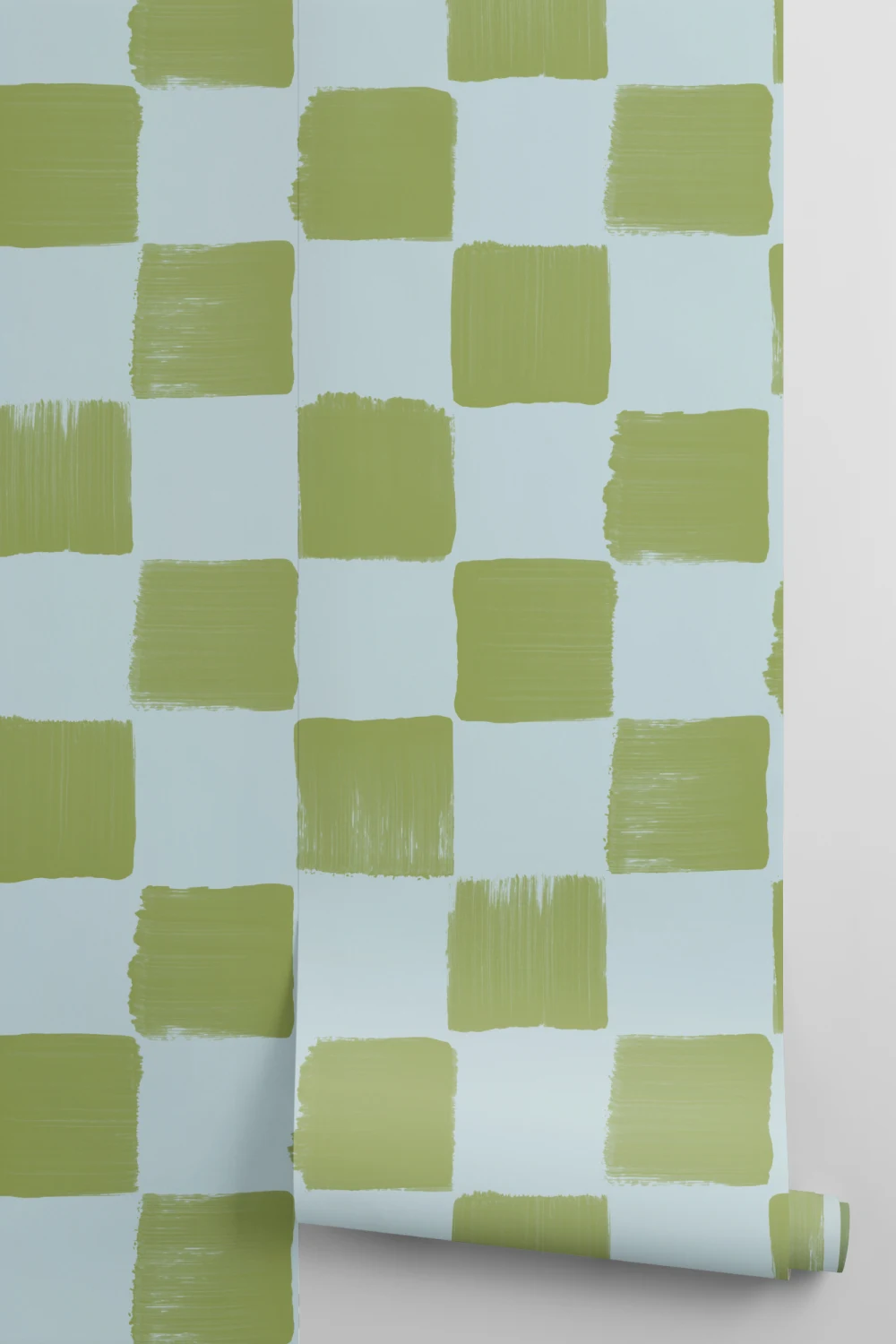 Papel de parede com padrão axadrezado azul e verde arrojado