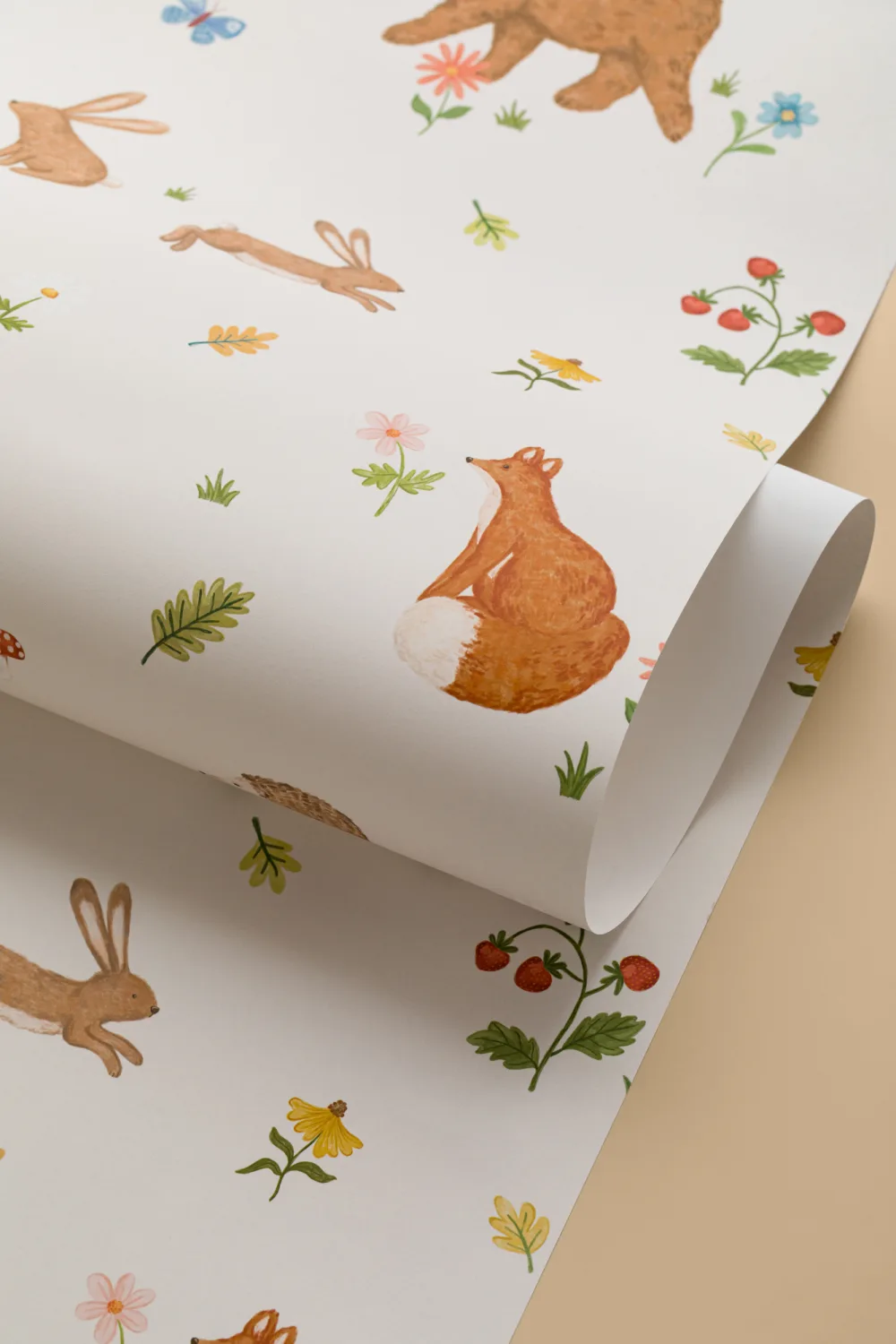 Beige Kids Cute Woodland Animals Mural